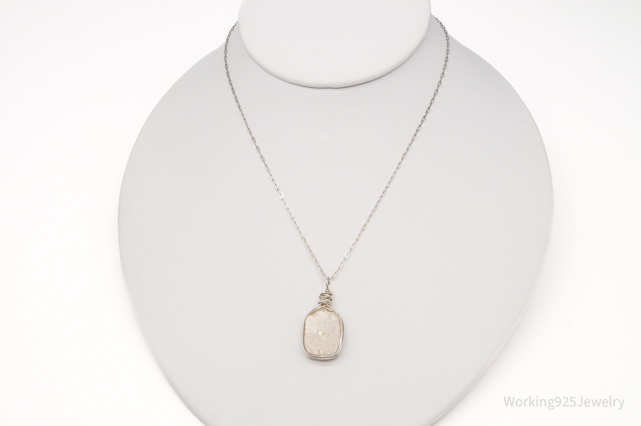 Vintage White Druzy Quartz Sterling Silver Chain Necklace 18"