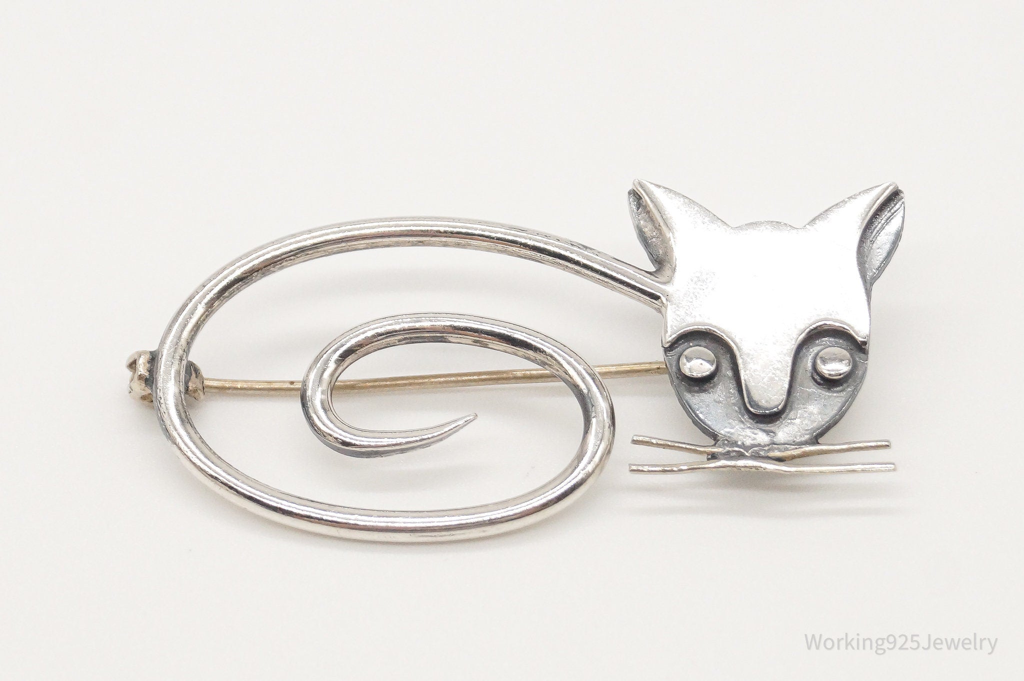 Vintage Taxco Designer DELFINO Abstract Cat Sterling Silver Brooch Pin