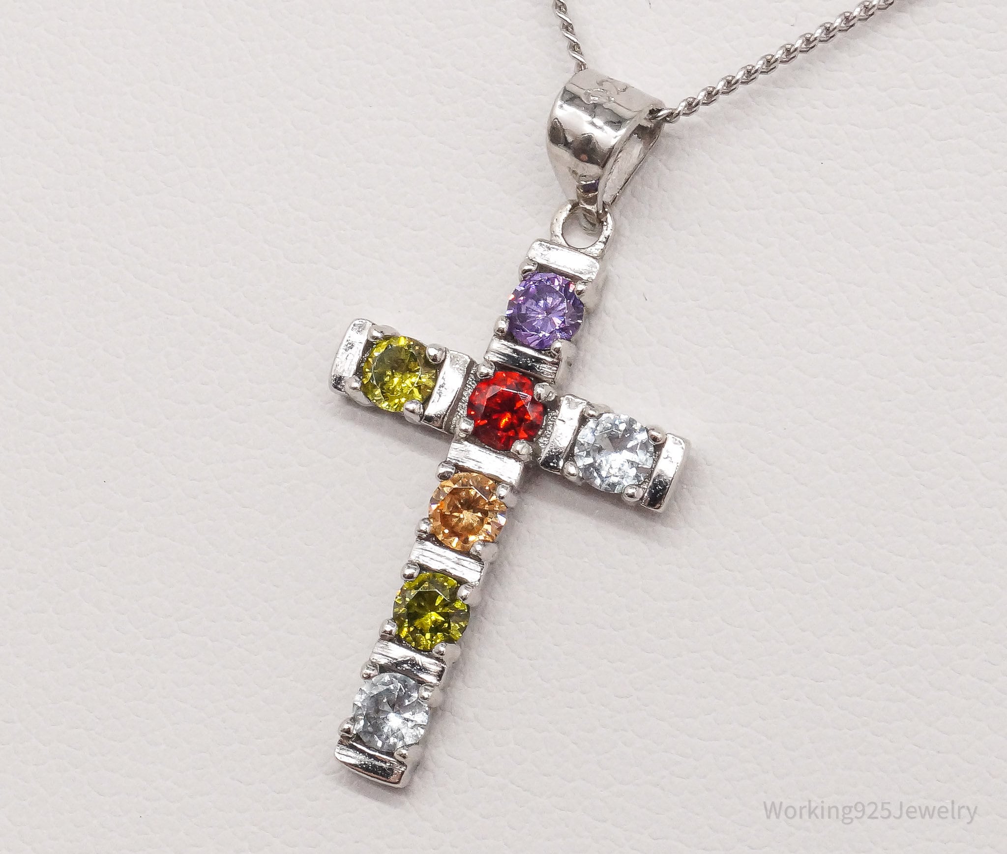 Vintage Multi Gemstone Cross Sterling Silver Necklace 18"