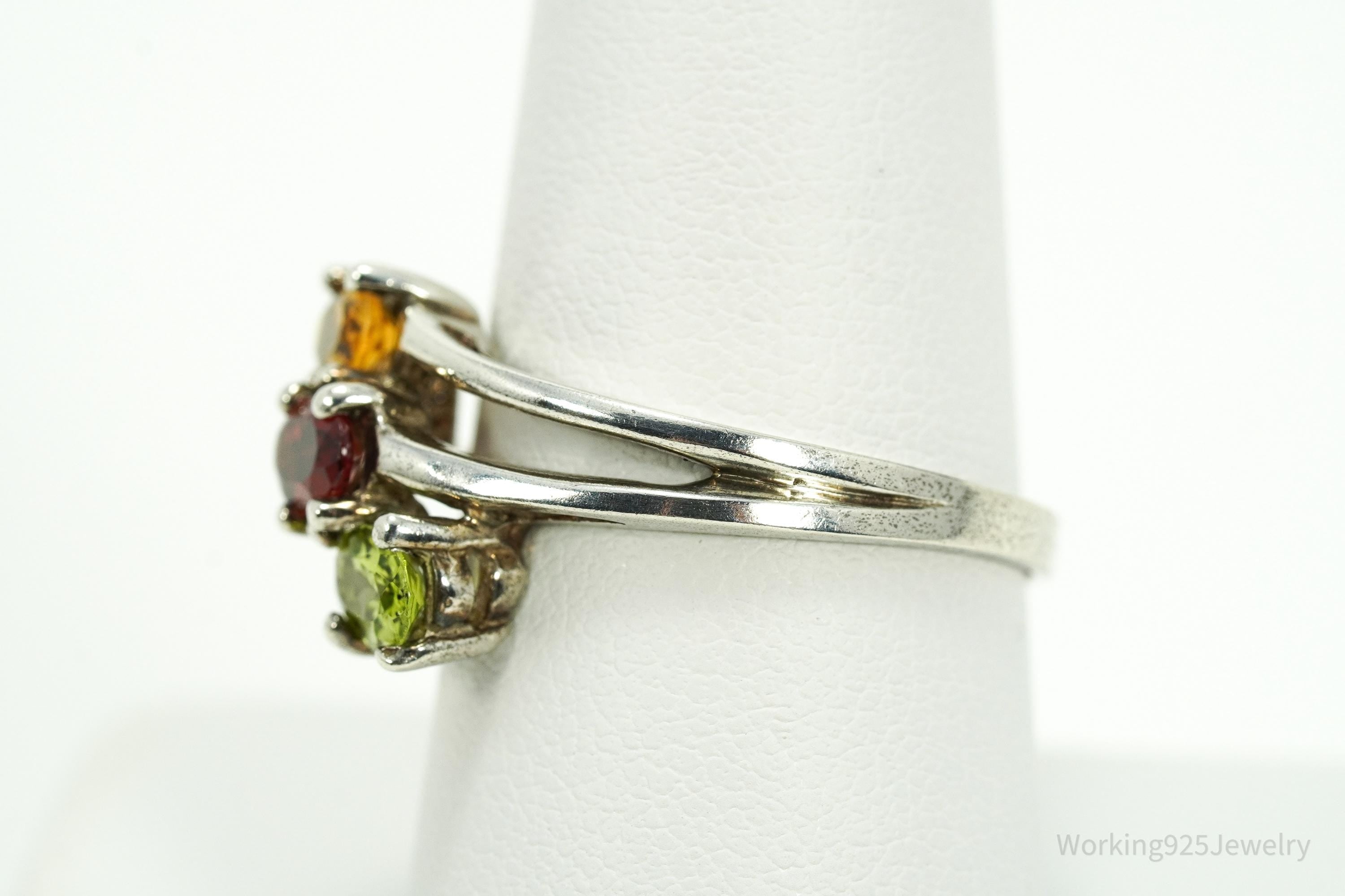 Vintage Citrine Garnet & Peridot Sterling Silver Ring - Size 9.25