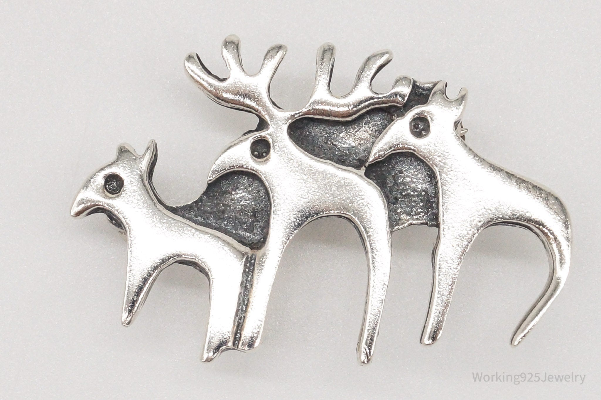 Vintage Moose Family Sterling Silver Brooch Pin