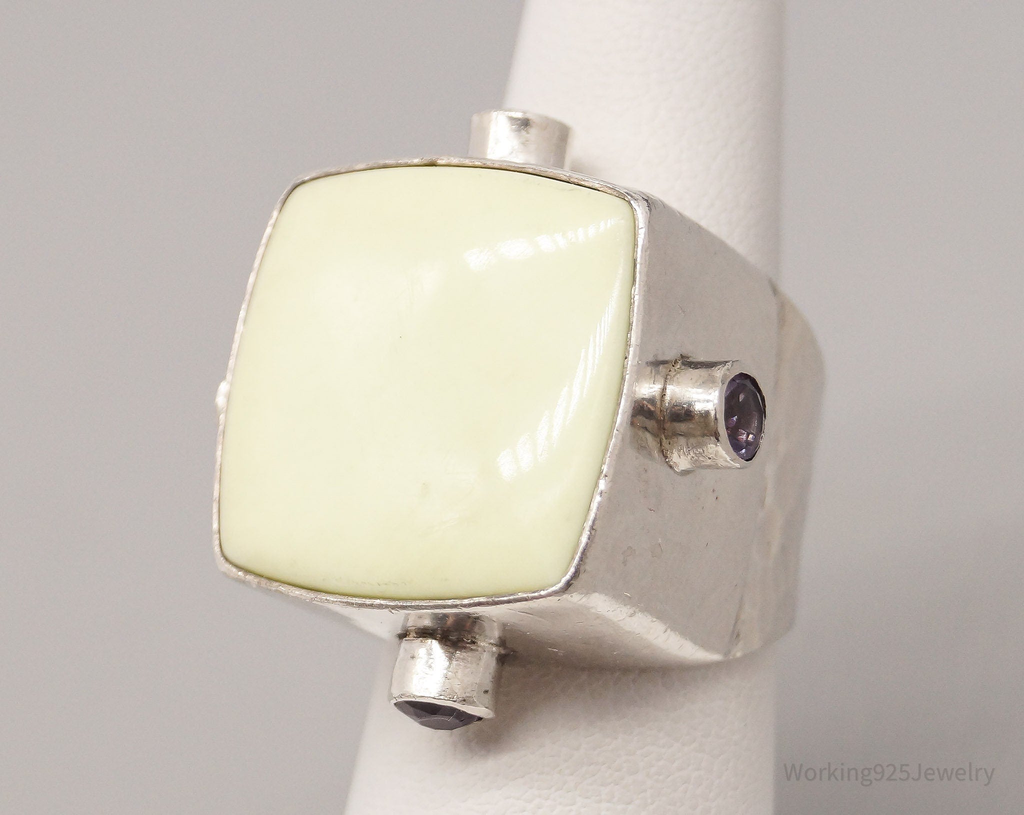 Vintage Lemon Chrysoprase & Amethyst Sterling Silver Ring - Size 6.75