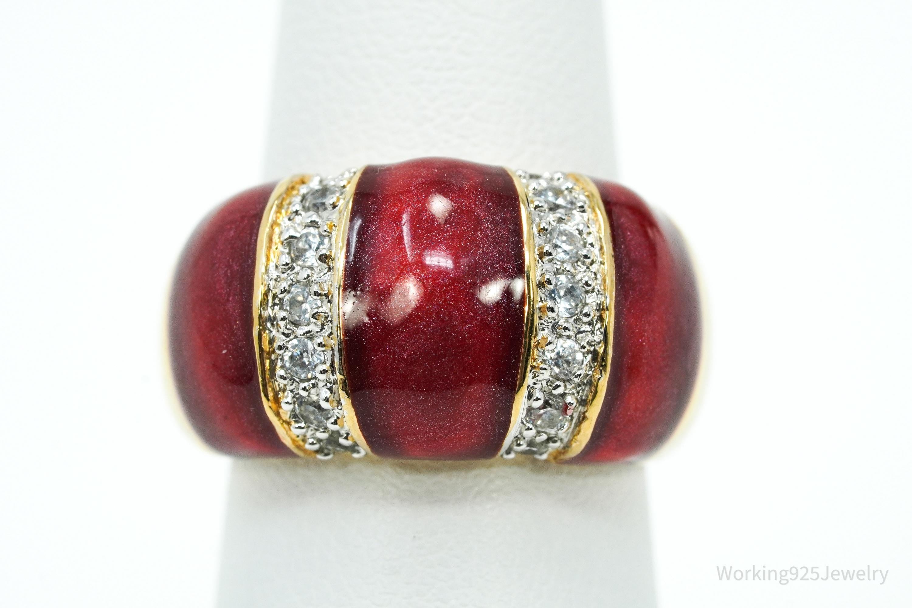 Designer Cubic Zirconia & Red Enamel Gold Over Sterling Silver Ring Size 6.75