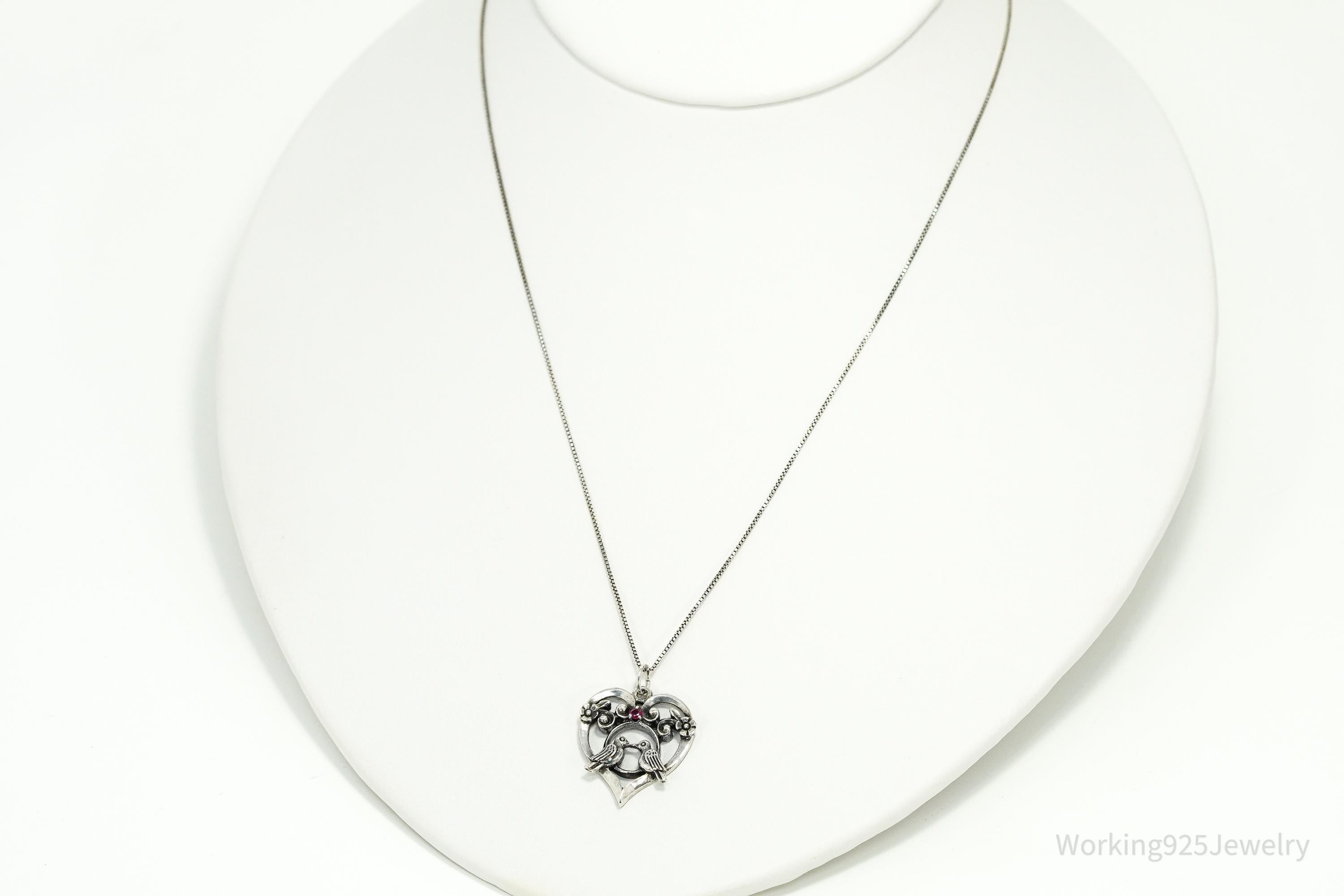 Vintage 1981 Franklin Mint Ruby Love Birds Sterling Silver Necklace 18"
