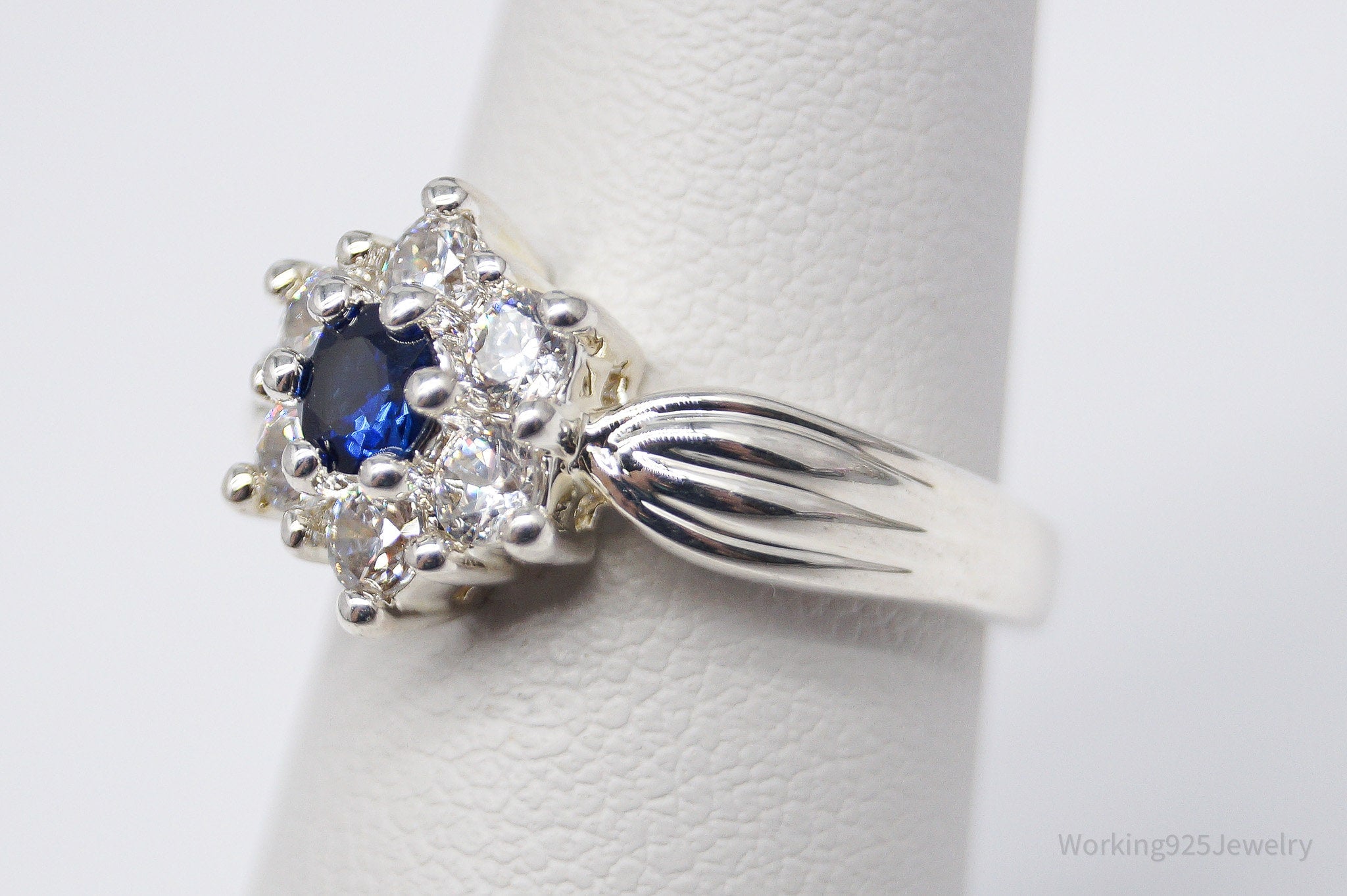 Sapphire & Cubic Zirconia Rhodium Plated Sterling Silver Ring - Size 6