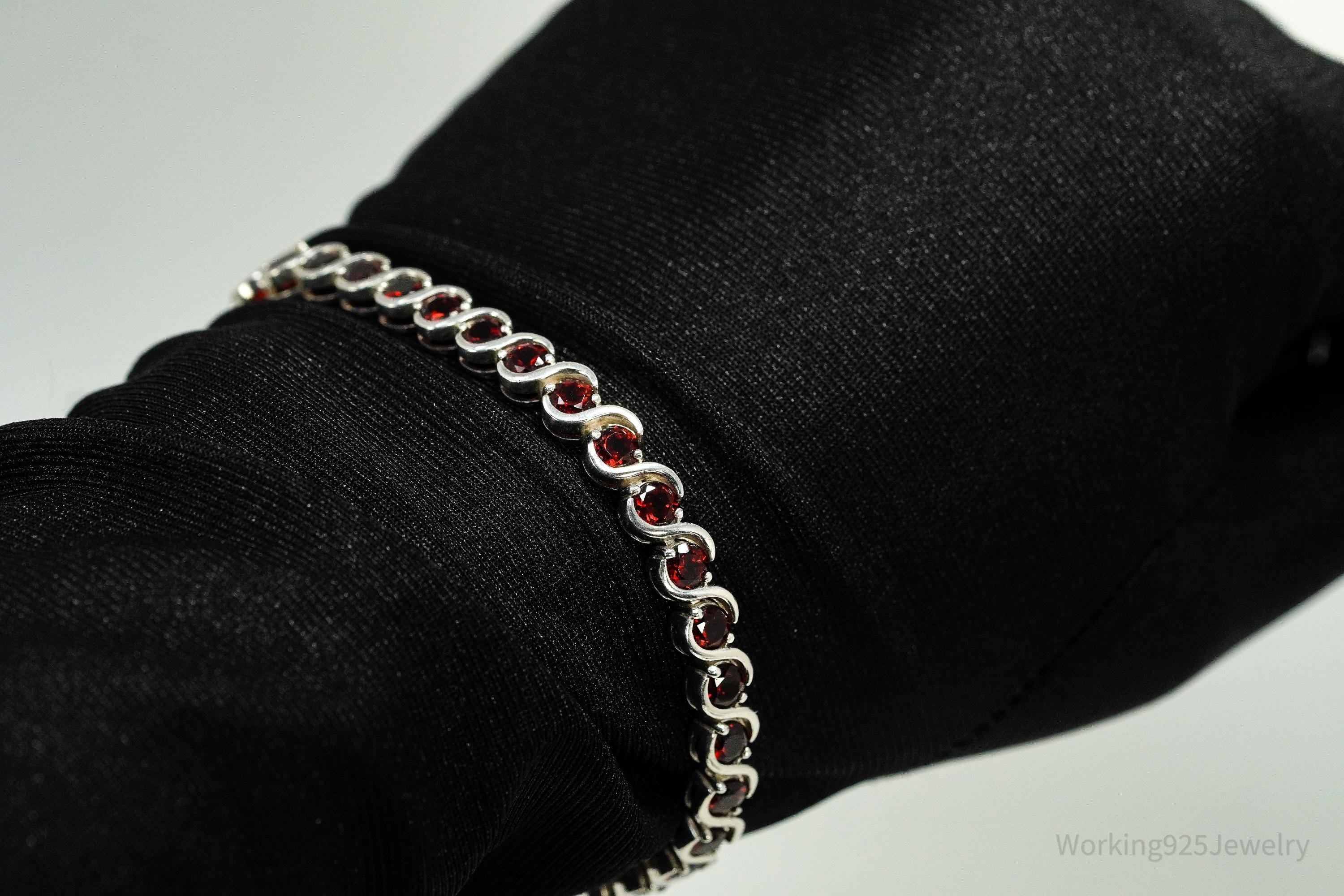Vintage Red Garnet Sterling Silver Bracelet - 7.5"