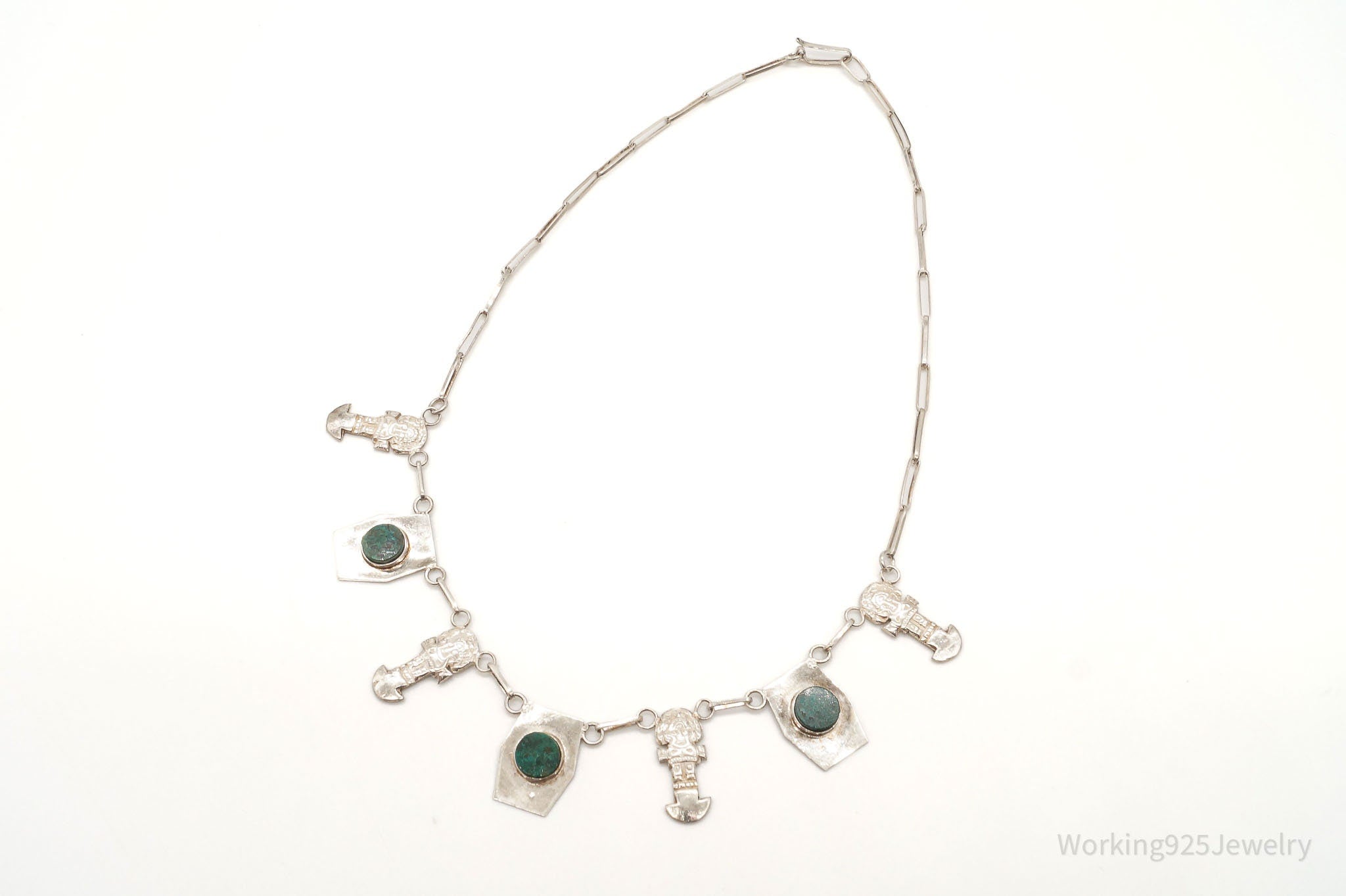 Vintage Chrysocolla Aztec Style Sterling Silver Necklace