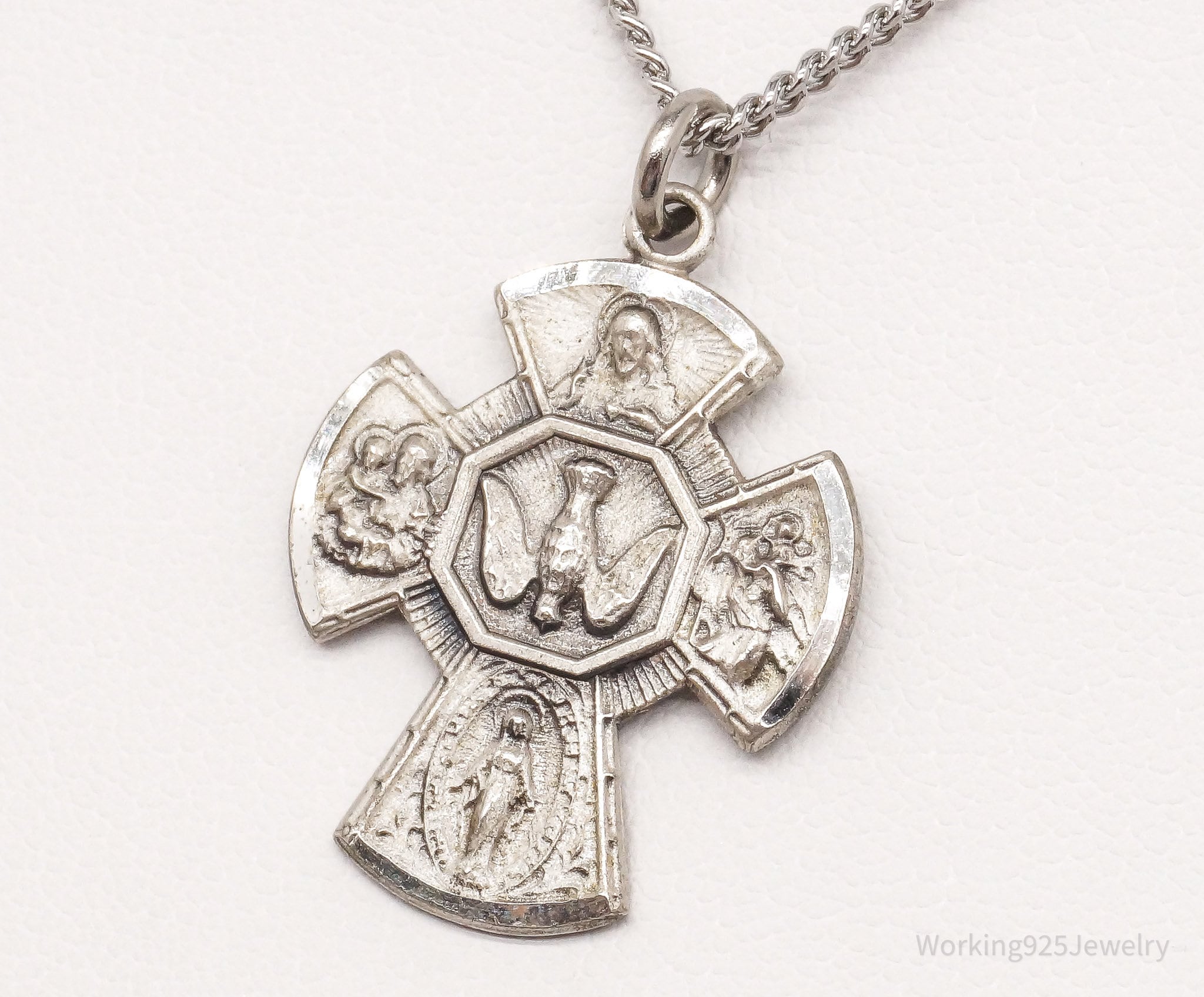 Antique Four Way Cross Sterling Silver Pendant on Silver Chain Necklace 18"