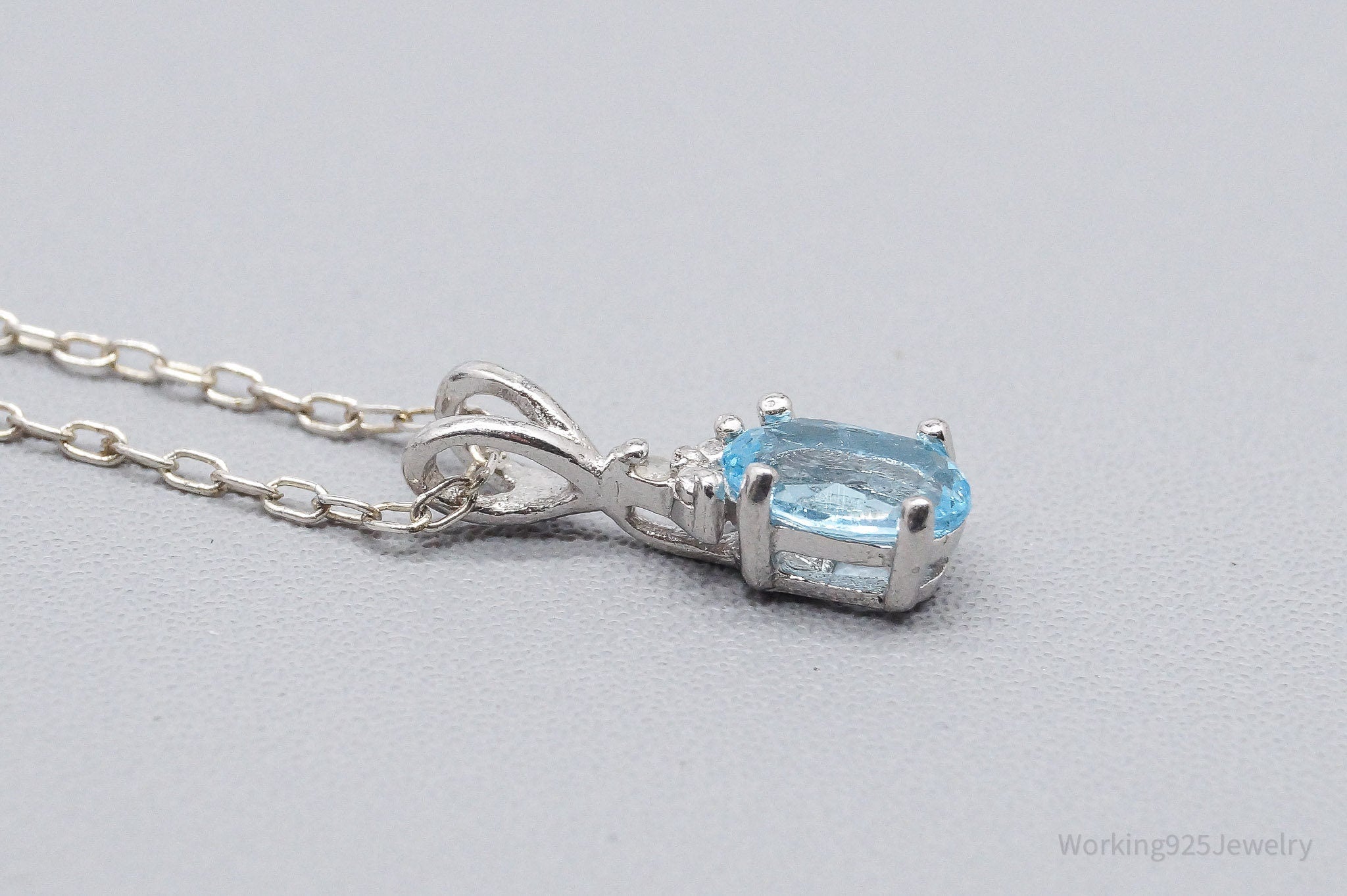 Vintage Blue Topaz & Diamond Sterling Silver Chain Necklace 18"