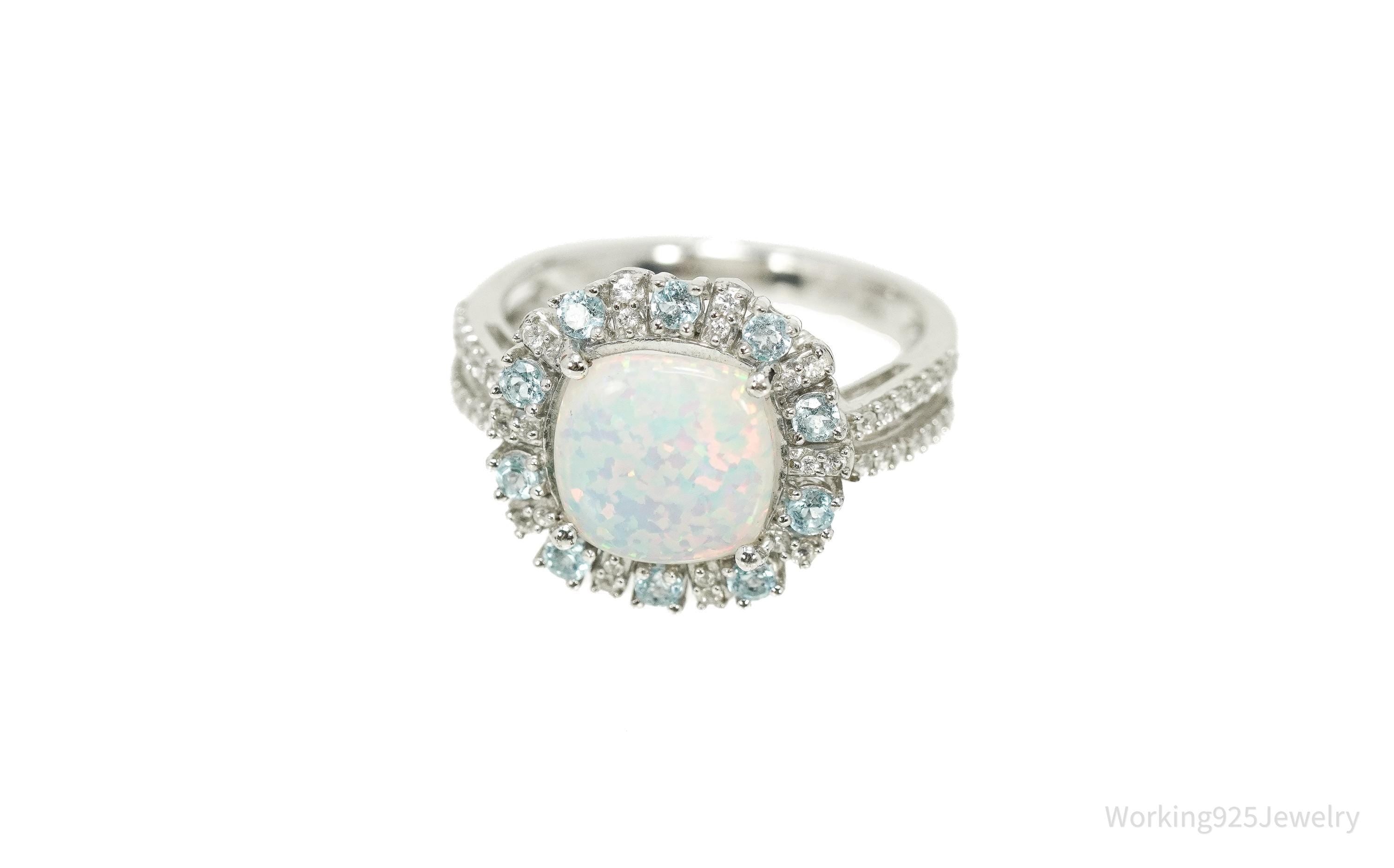 Vintage JWBR Sterling Silver Ring • Opal, Blue Topaz & CZ Cluster Size 7