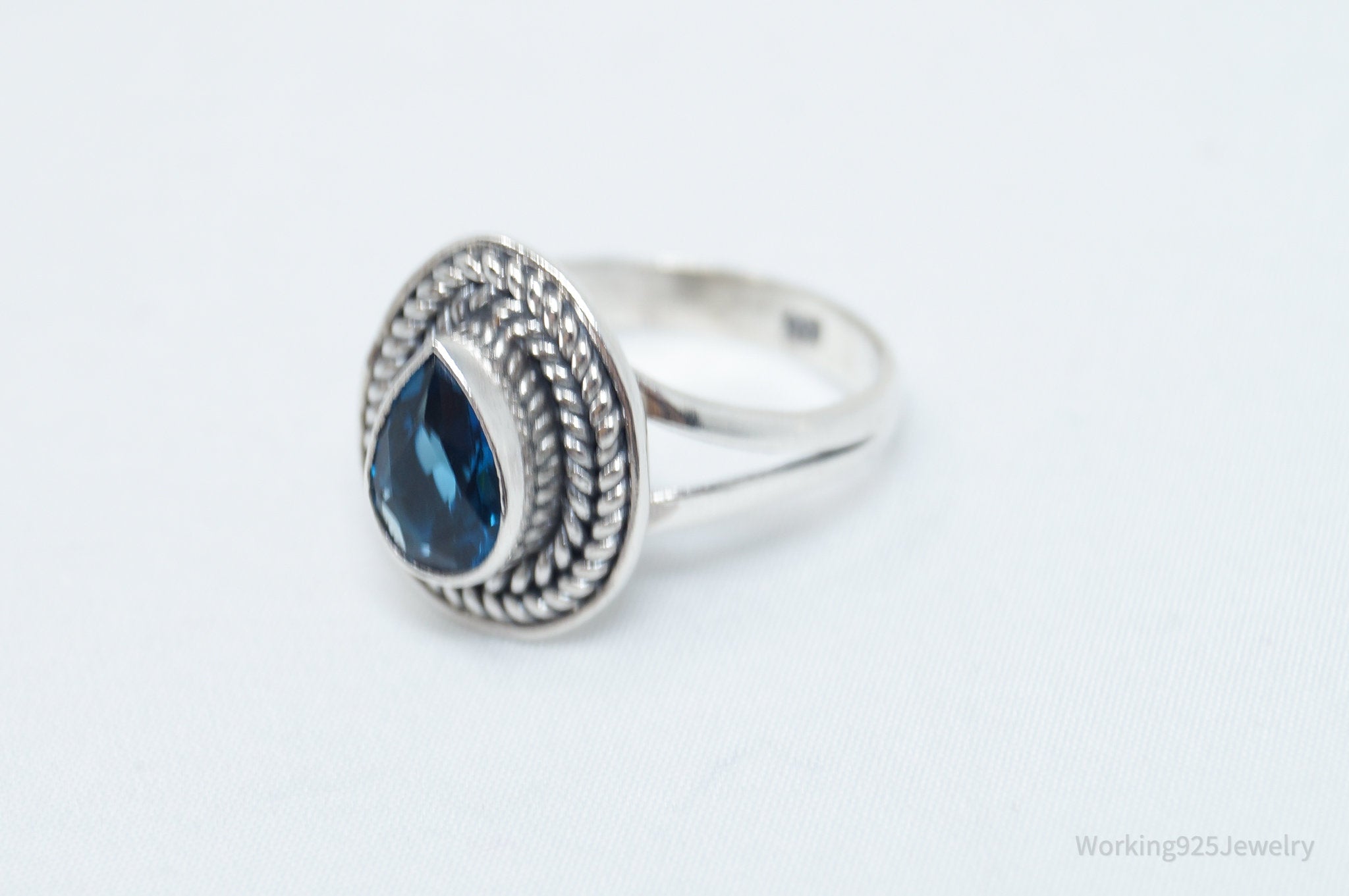 Vintage Blue Topaz Rope Braid Tear Drop Sterling Silver Ring - Sz 8