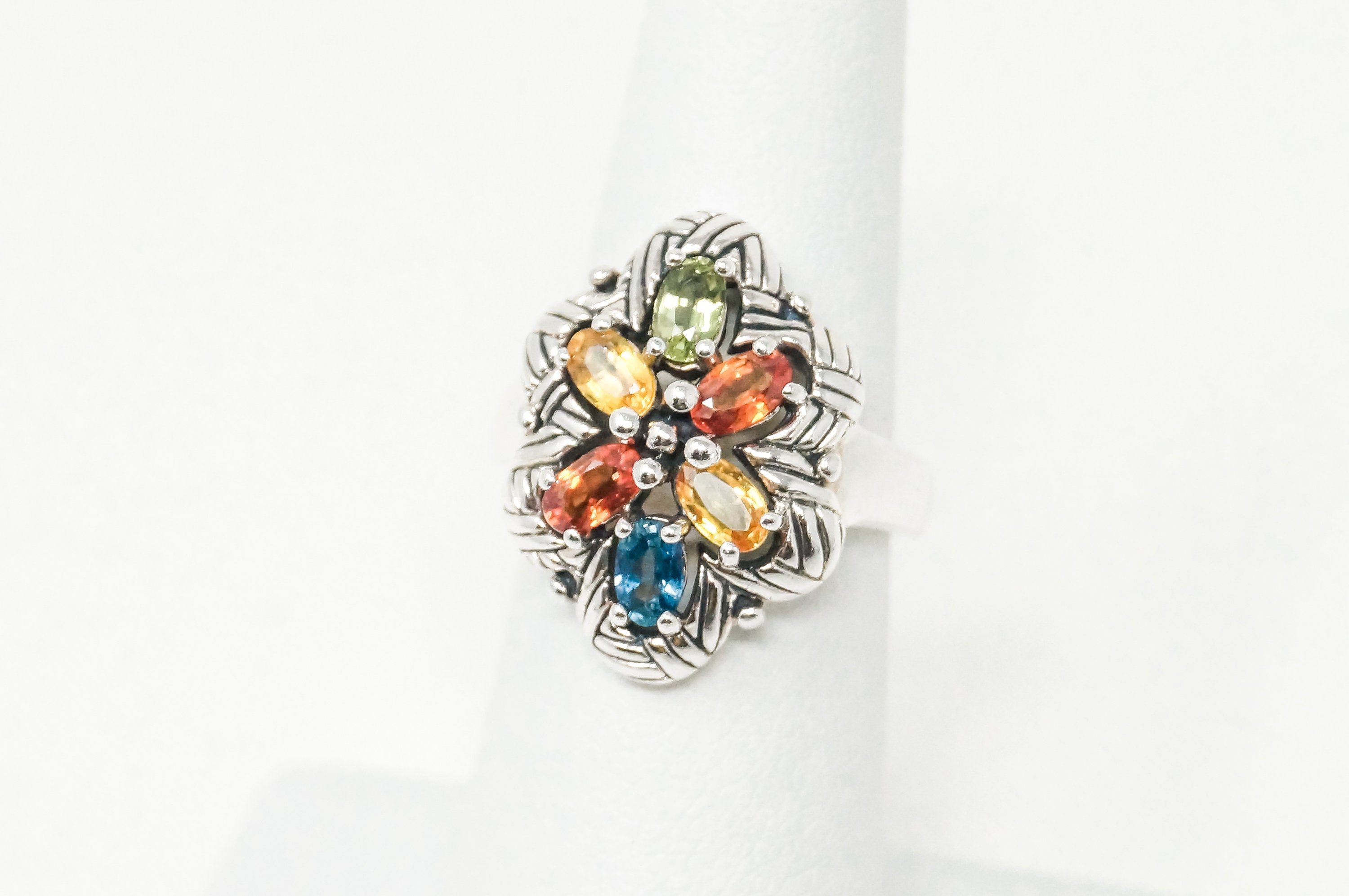 Vintage Citrine Peridot Orange Sapphire Sterling Silver Ring - Size 5.75