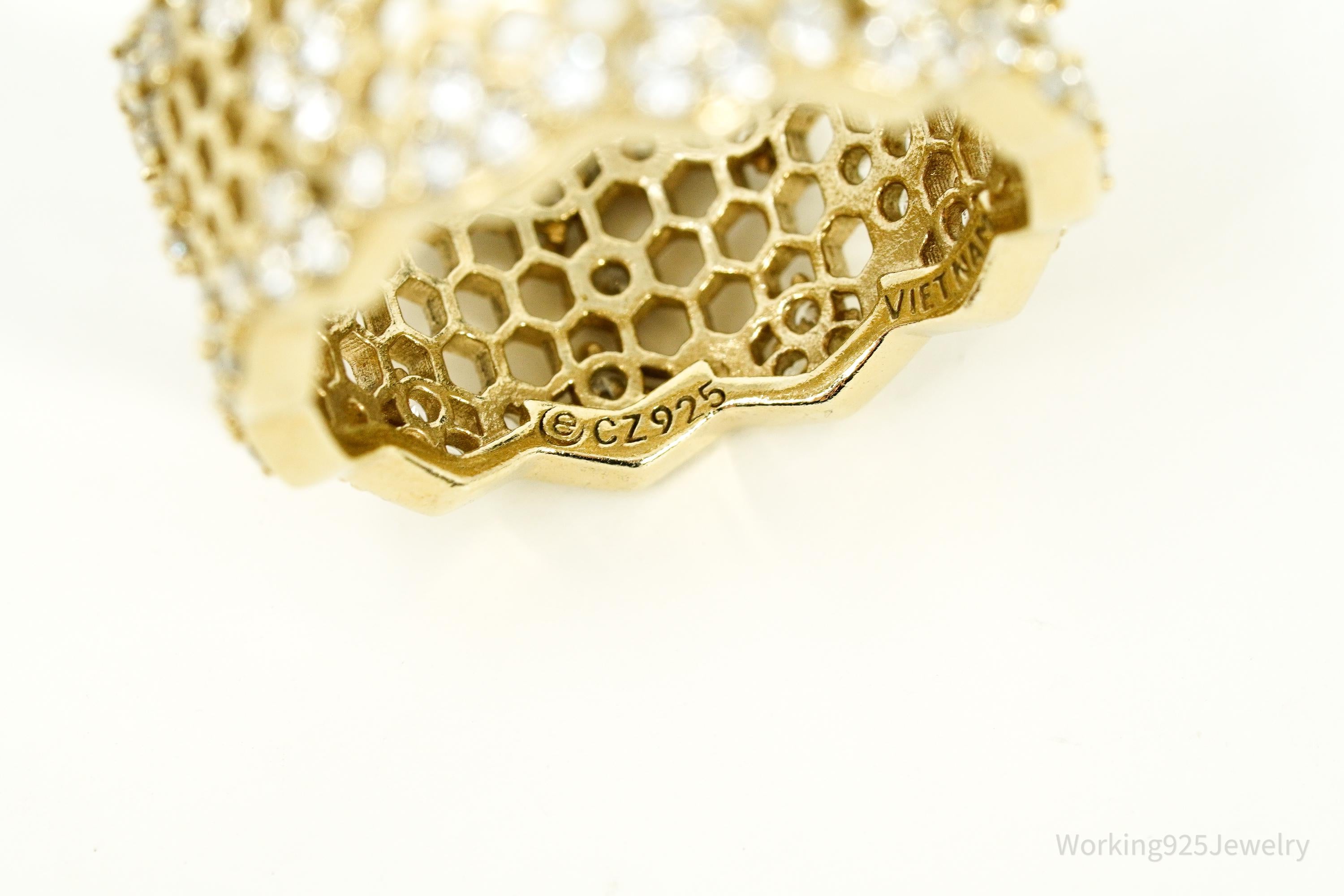 Vintage Cubic Zirconia Gold Vermeil Sterling Silver Honeycomb Lace Ring - Size 7