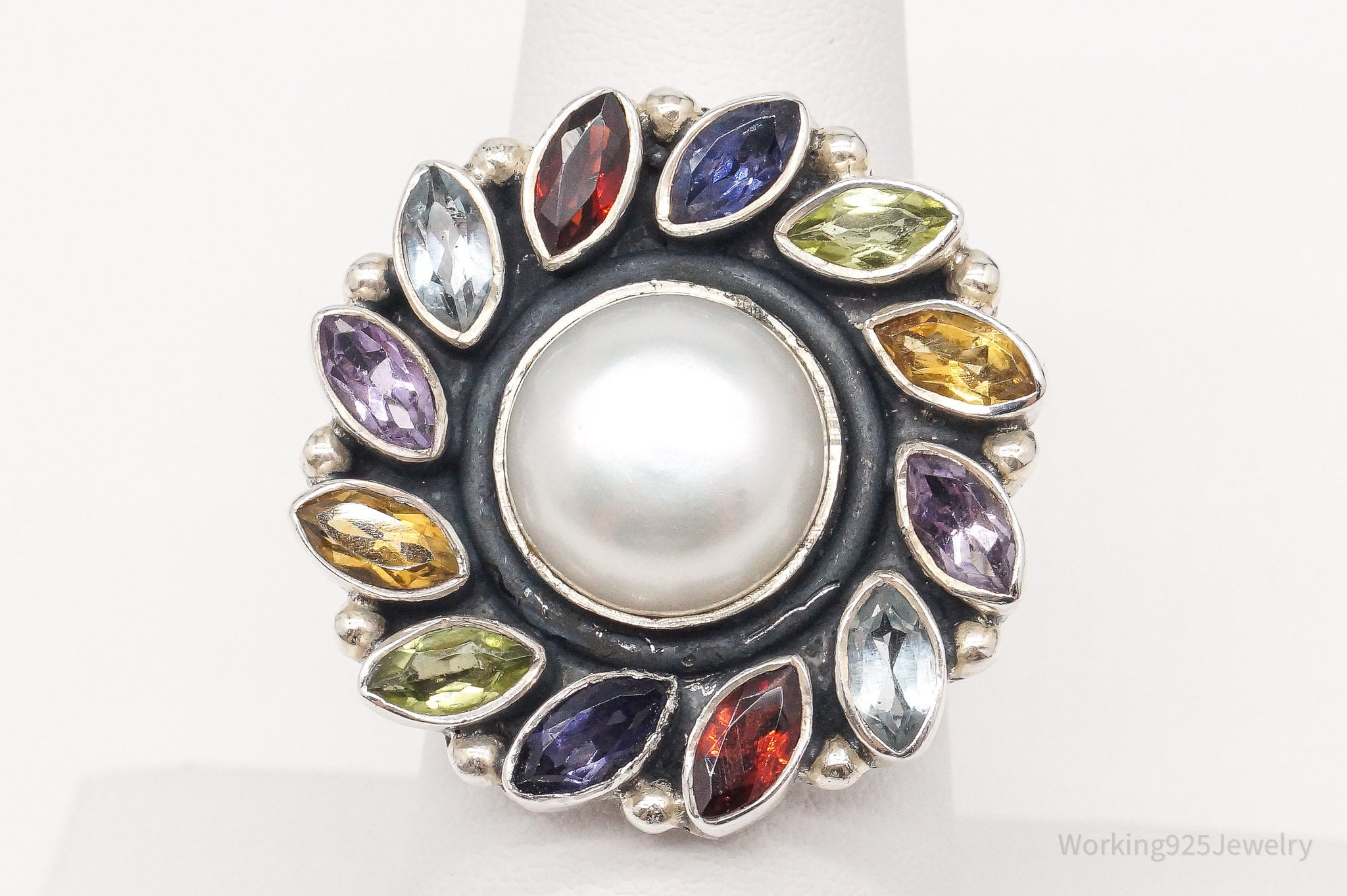 Vintage Multi Gemstone Flower Sterling Silver Ring - Size 7.25