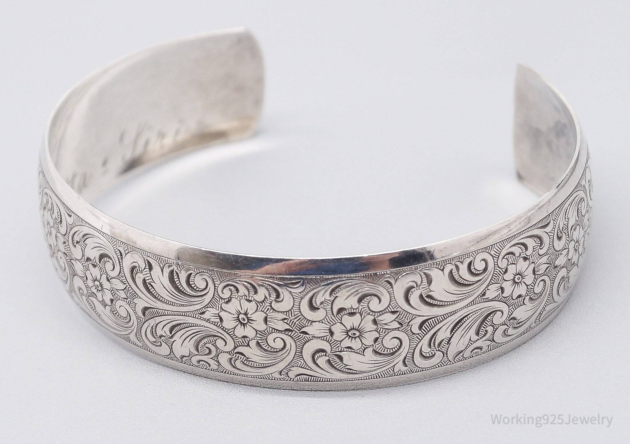 Antique Art Nouveau Floral Etched 835 Silver Cuff Bracelet 7 5/8"