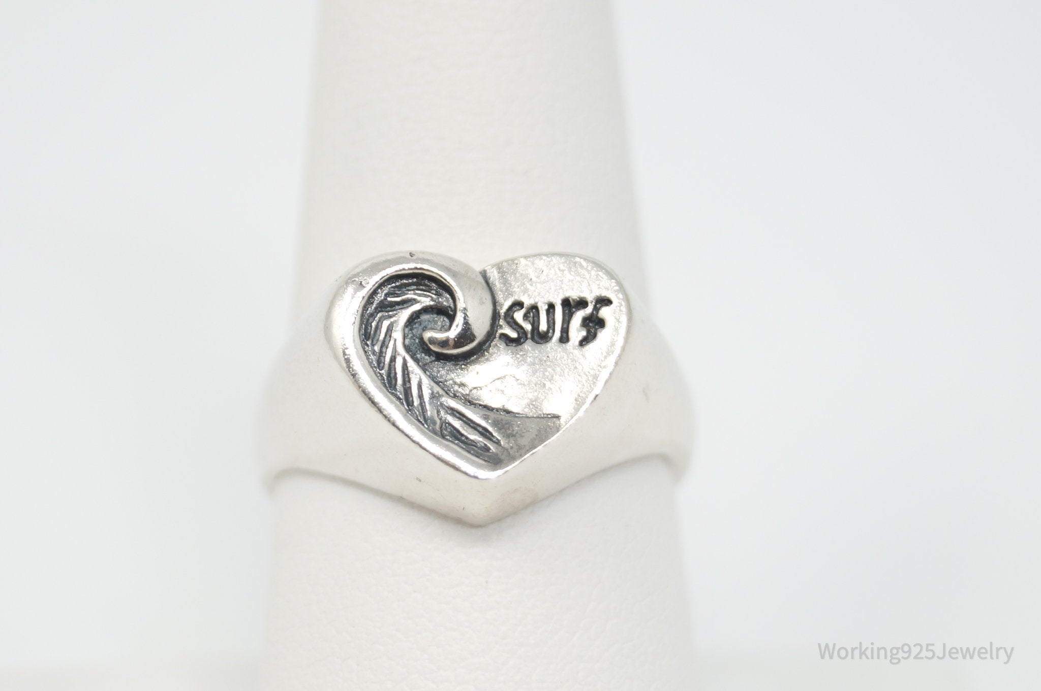 Vintage Surfs Up Wave Lover Sterling Silver Heart Ring - Sz 8.5