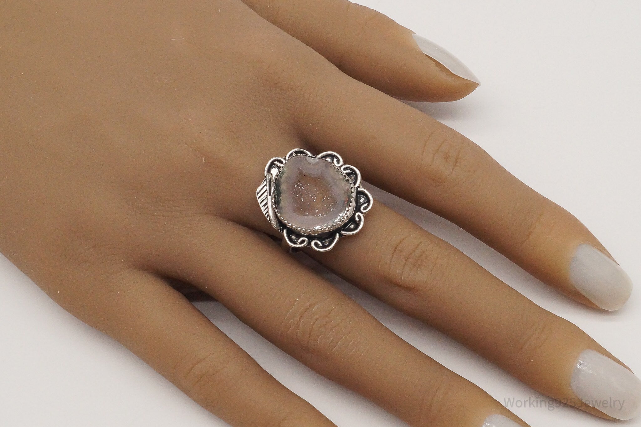 Vintage Druzy Agate Sterling Silver Ring - Size 9.5 Adjustable