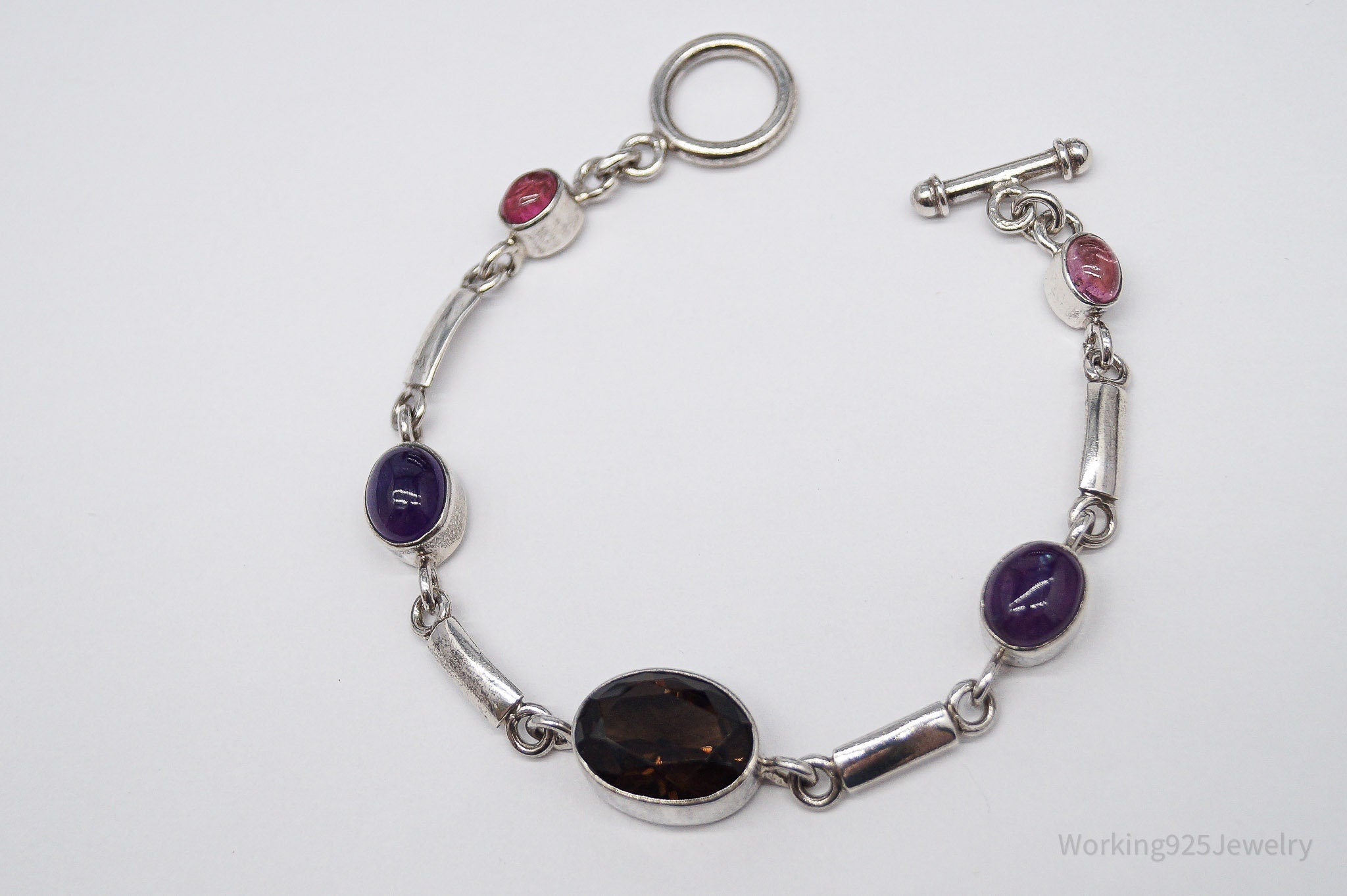 Vintage Smoky Topaz Amethyst & Pink Stone Sterling Silver Toggle Bracelet 7 5/8"