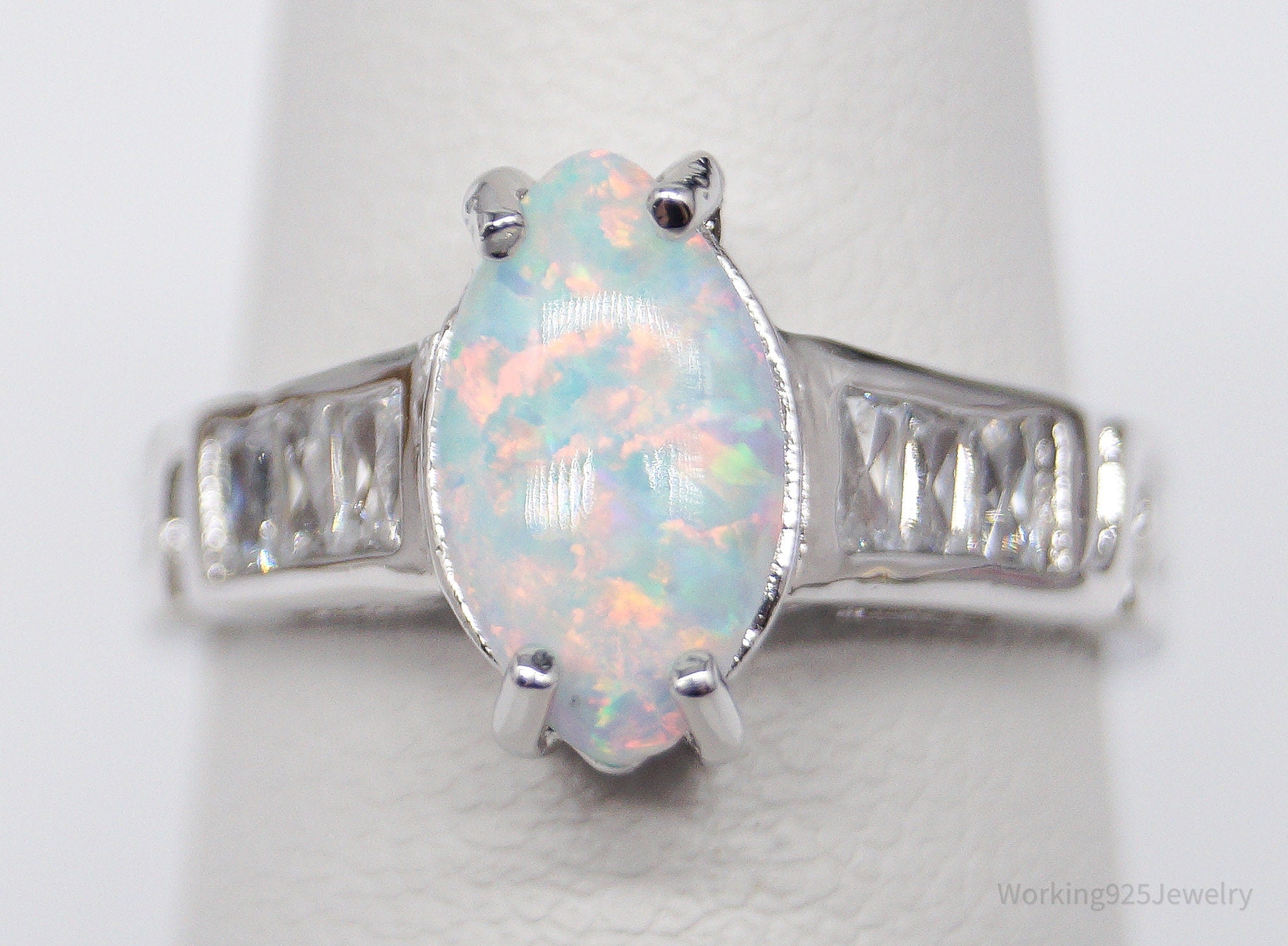 Vintage Opal & Cubic Zirconia Sterling Silver Ring - Size 5.75