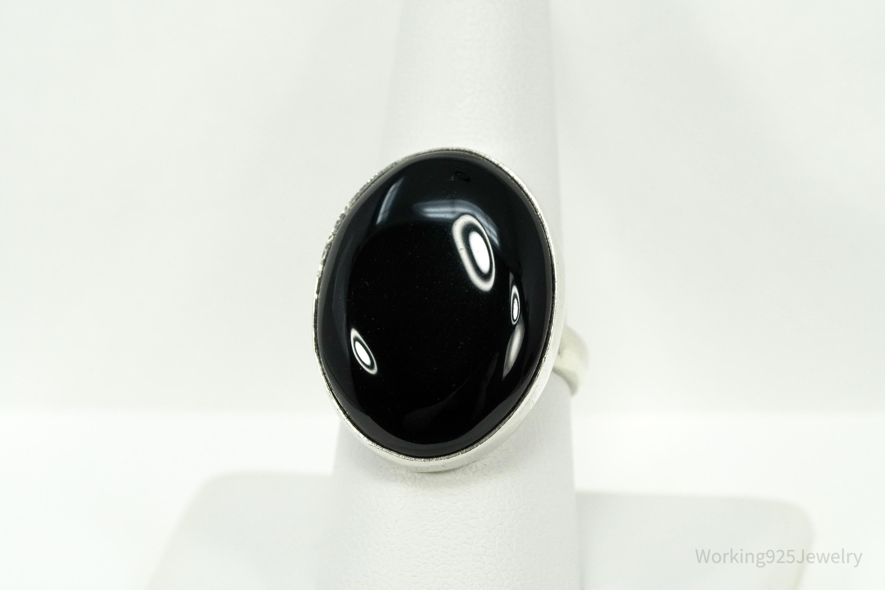 Vintage Large Black Onyx Sterling Silver Ring - Size 8.75