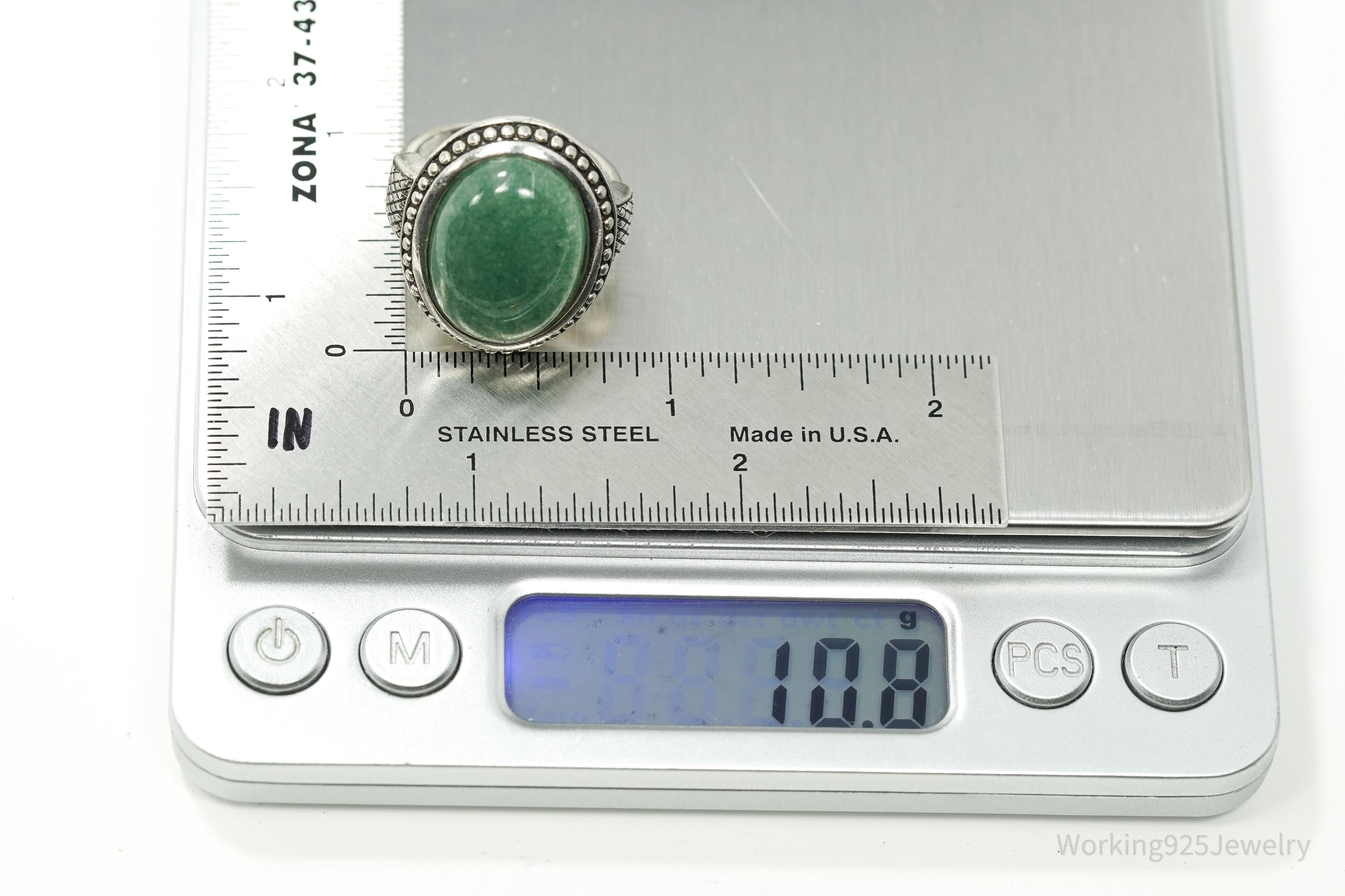 Vintage Large Green Aventurine Sterling Silver Ring - Size 9