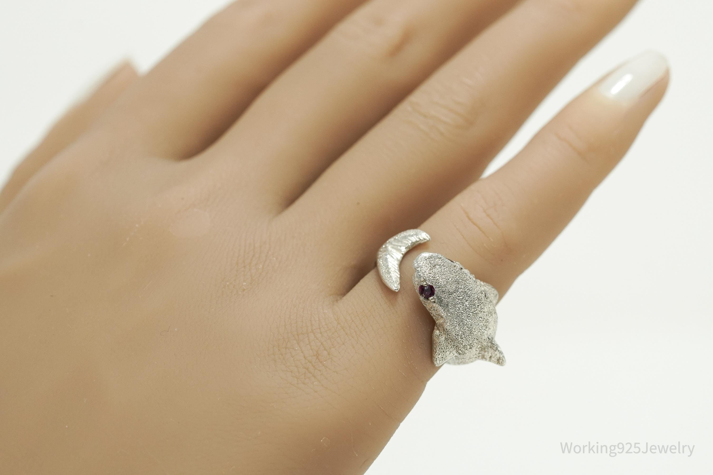 Vintage Ruby Eyed Shark Sterling Silver Wrap Ring - Size 6.25