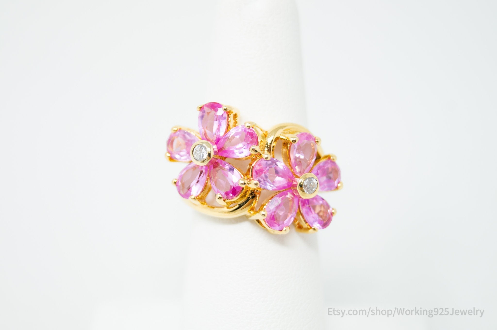 Vintage Pink Topaz Gold Vermeil CZ Statement Ring Sterling Silver - Size 5.75