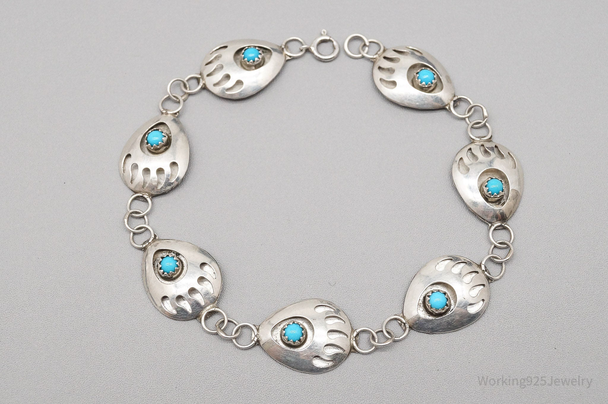 Vintage Native American Blue Turquoise Bear Paw Sterling Silver Bracelet