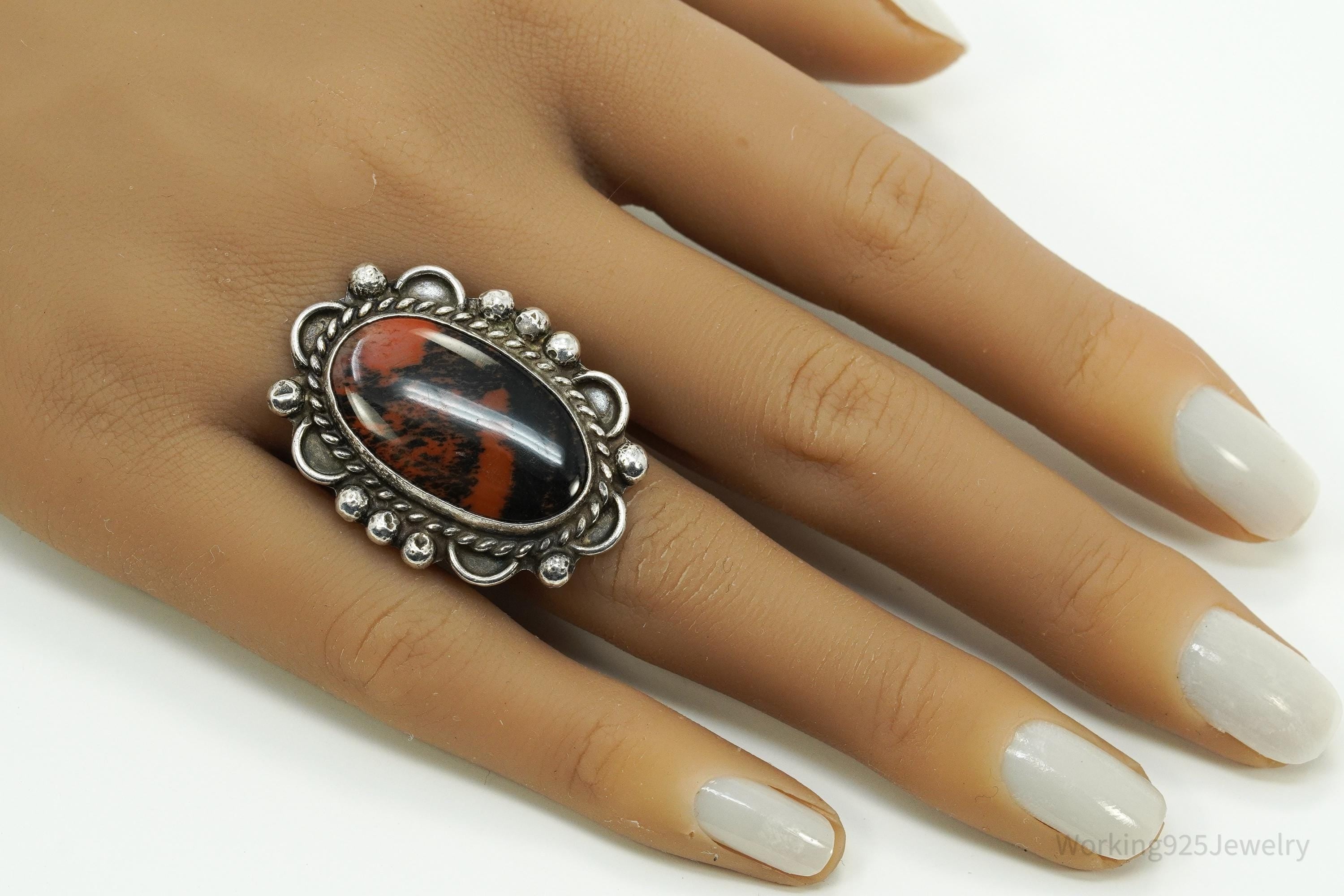 Vintage Native American Petrified Wood Stone Silver Ring - Size 7.25