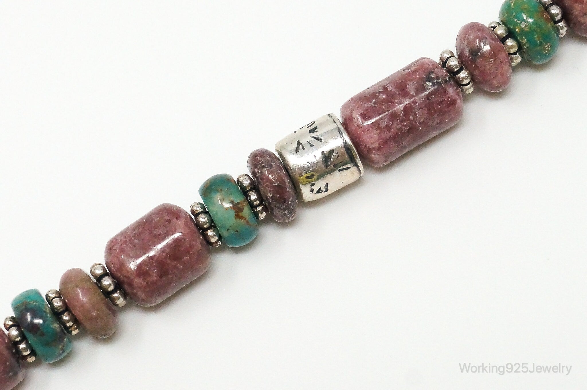 Vintage Southwestern Style Rhodochrosite Turquoise Sterling Silver Bracelet