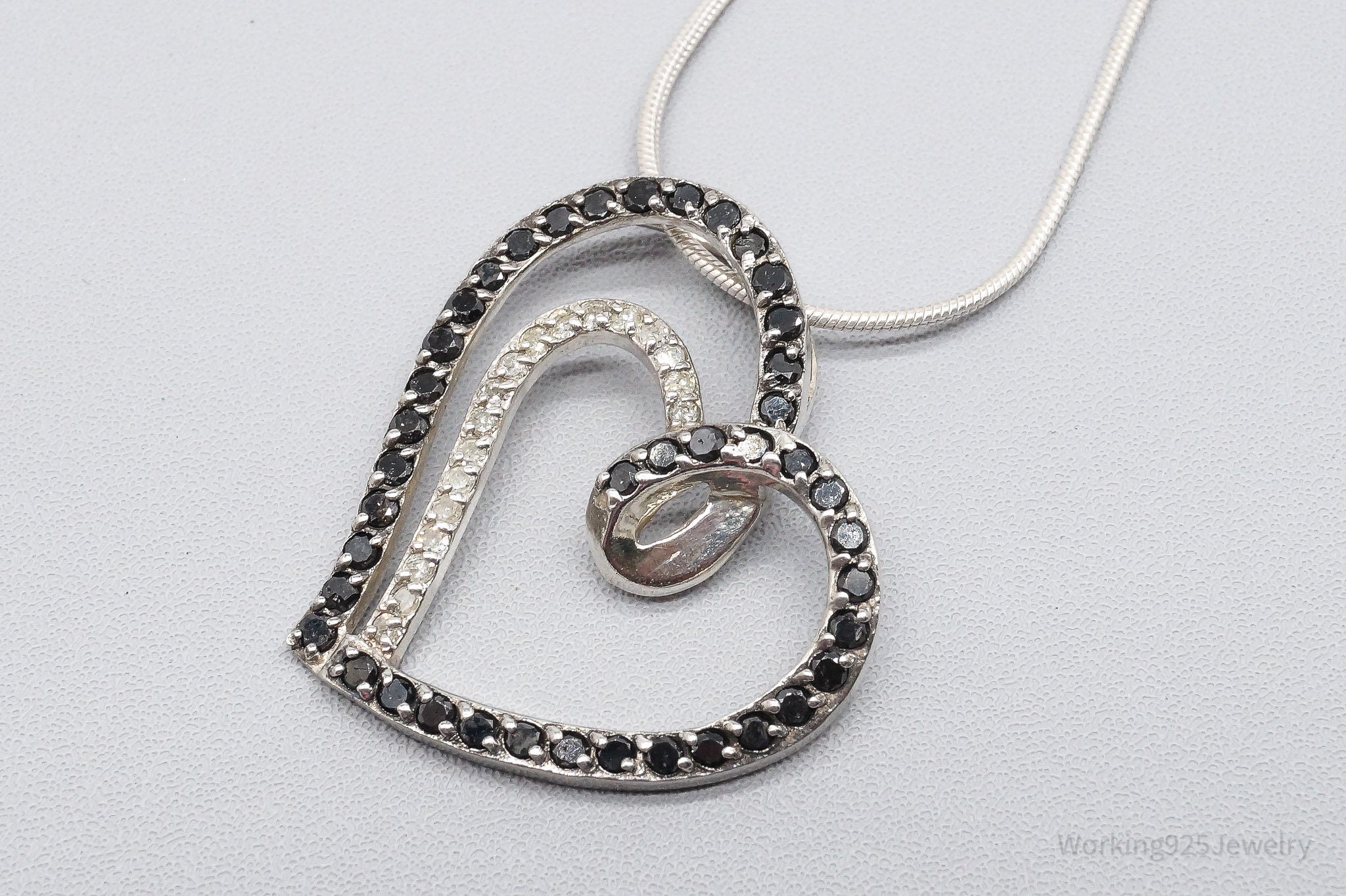 Vintage Black & White Diamond Heart Sterling Silver Necklace 24"