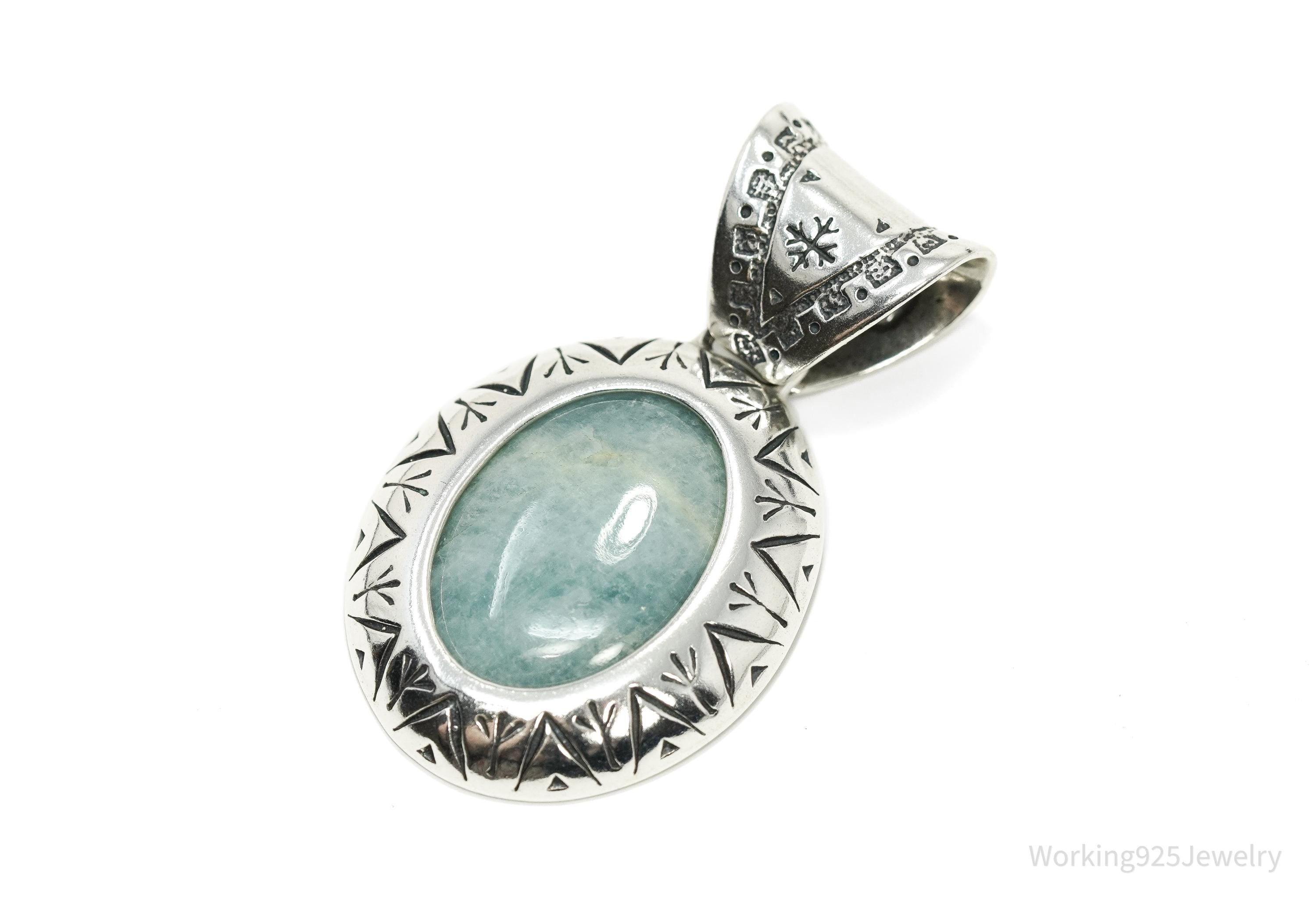 Large Vintage Carolyn Pollack Relios Milky Aquamarine Sterling Silver Pendant 2"