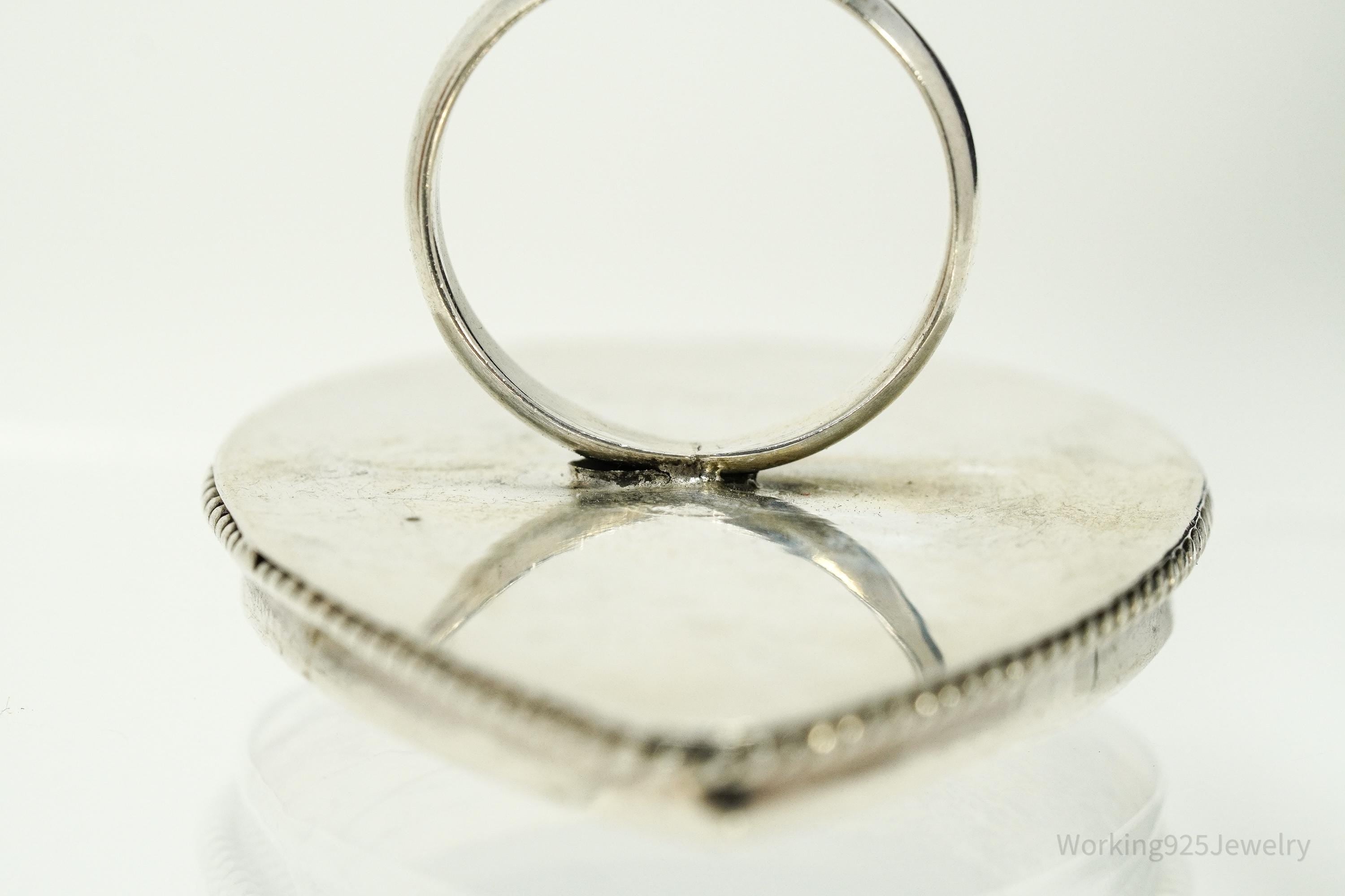 Vintage Mexico Modernist HOB Massive Agate & Black Onyx Inlay Sterling Silver Ring - Size 8