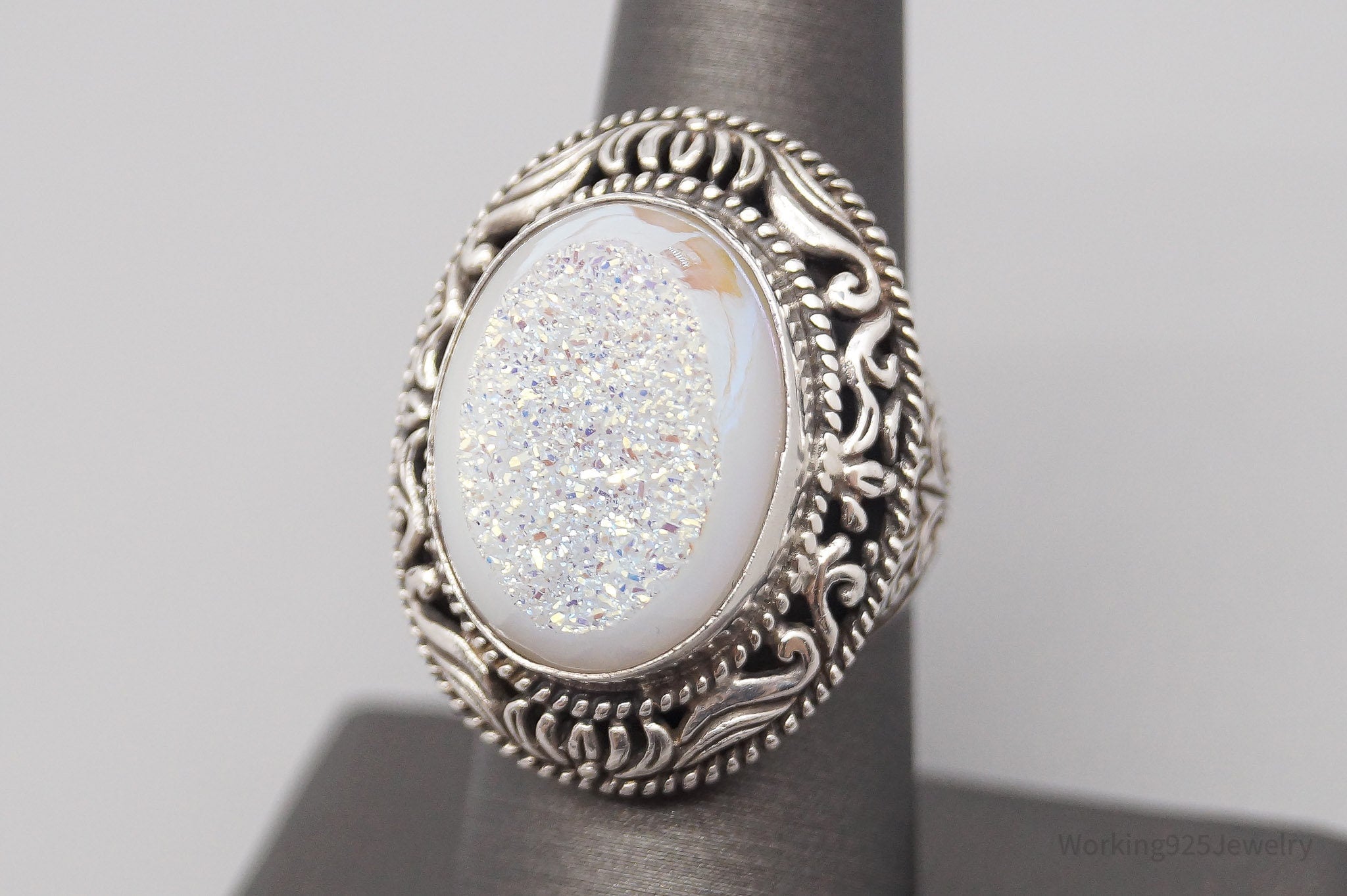 Vintage Large White Druzy Quartz Sterling Silver Ring - Size 7.25