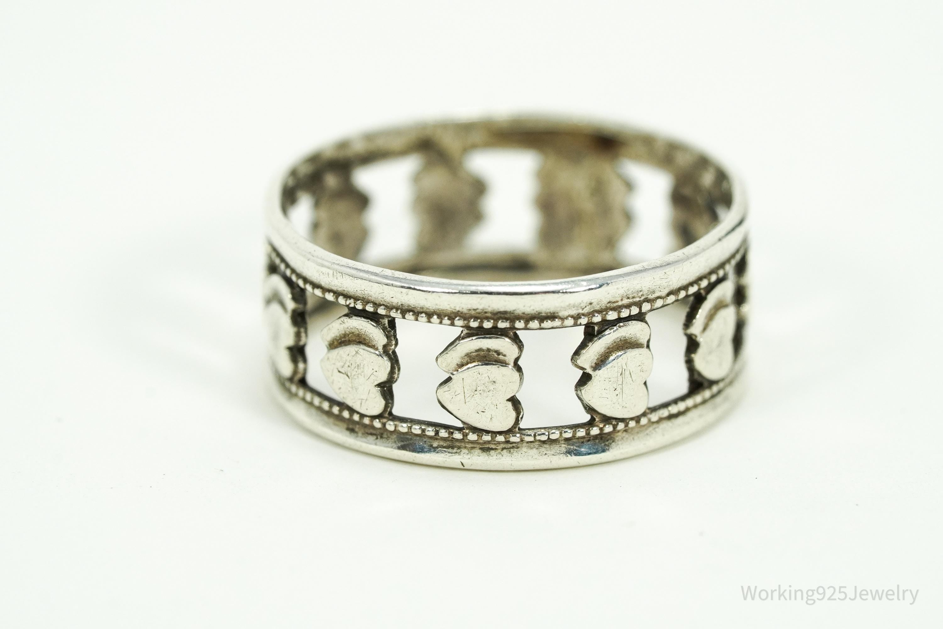 Antique Double Hearts Pattern Sterling Silver Band Ring - Size 8.25