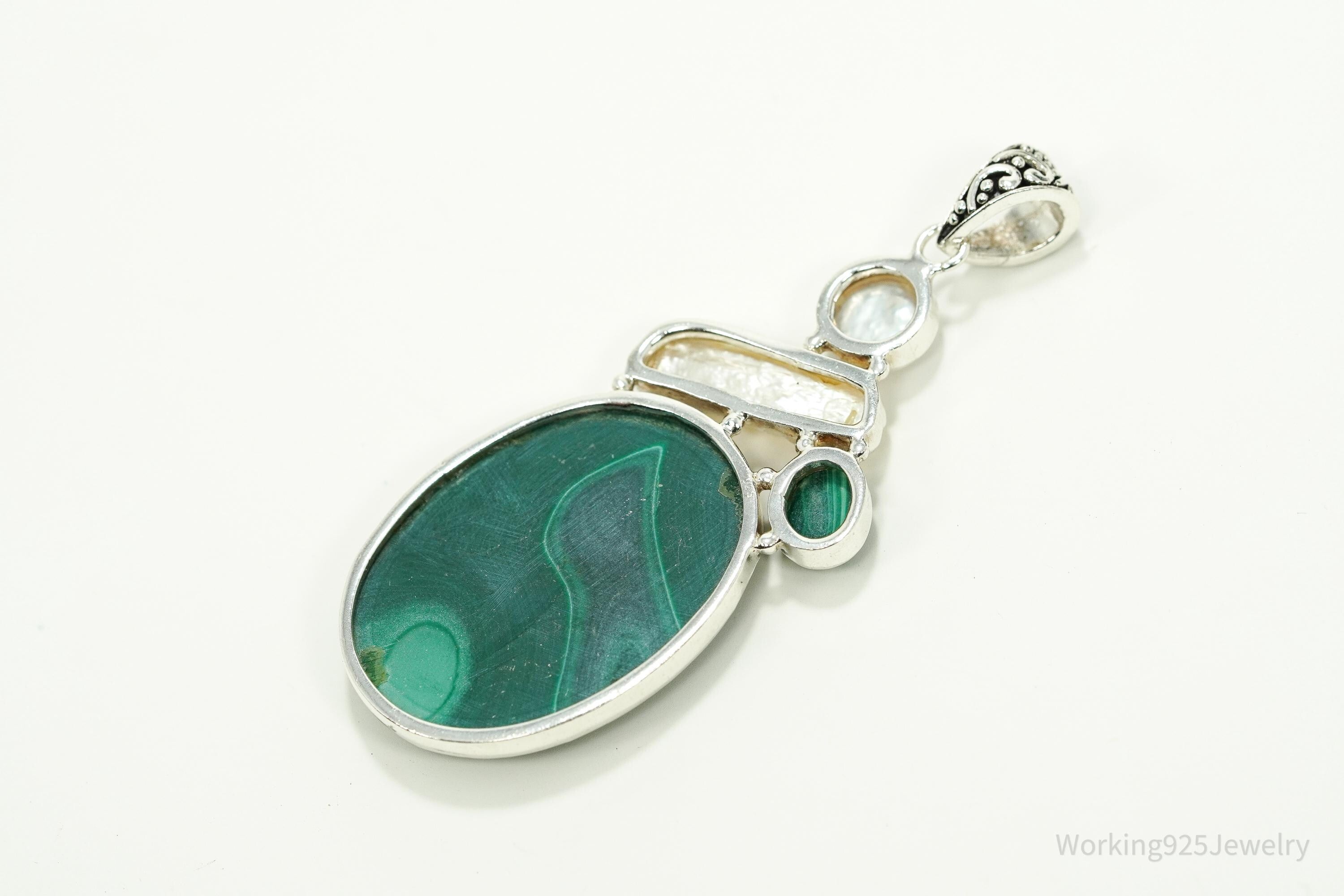 Large Vintage Malachite & Pearl Sterling Silver Necklace Pendant