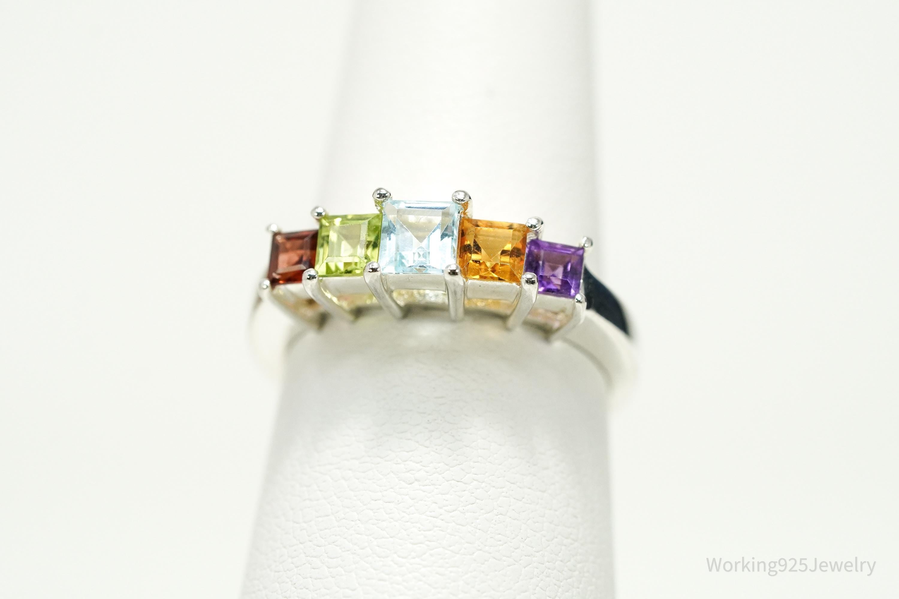 Vintage Rainbow Multi Gemstone Sterling Silver Band Ring – Size 7