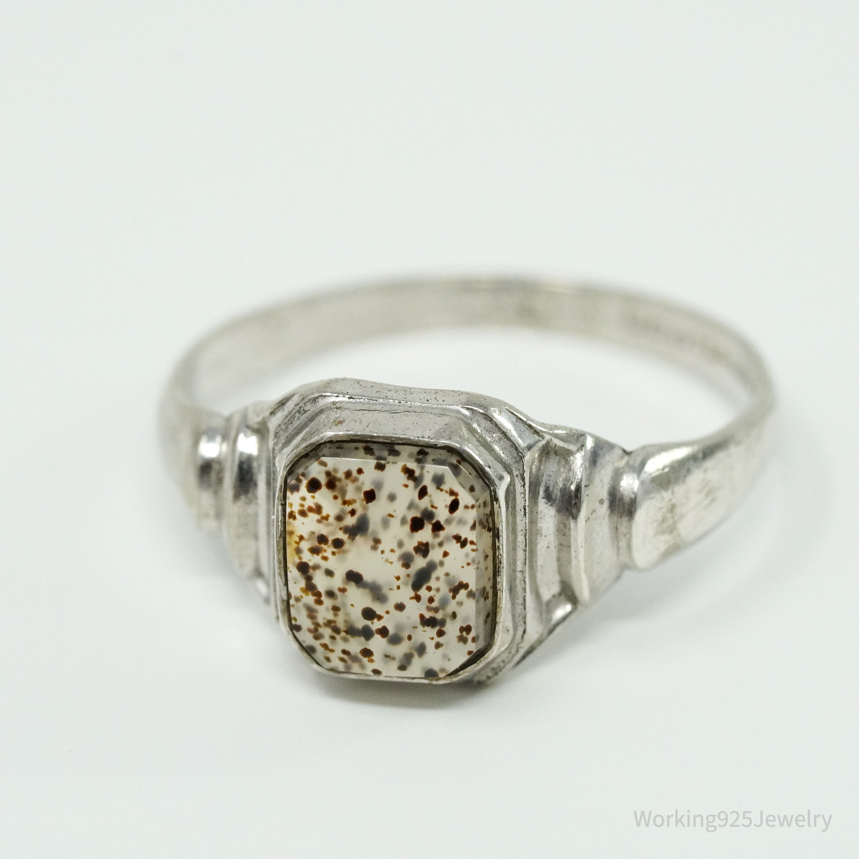 Antique Edwardian Ostby & Barton Moss Agate Sterling Silver Ring Size 7.5