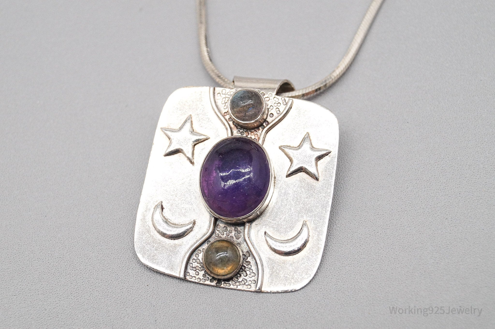 Vintage Labradorite Amethyst Moons & Stars Sterling Silver Necklace 18"