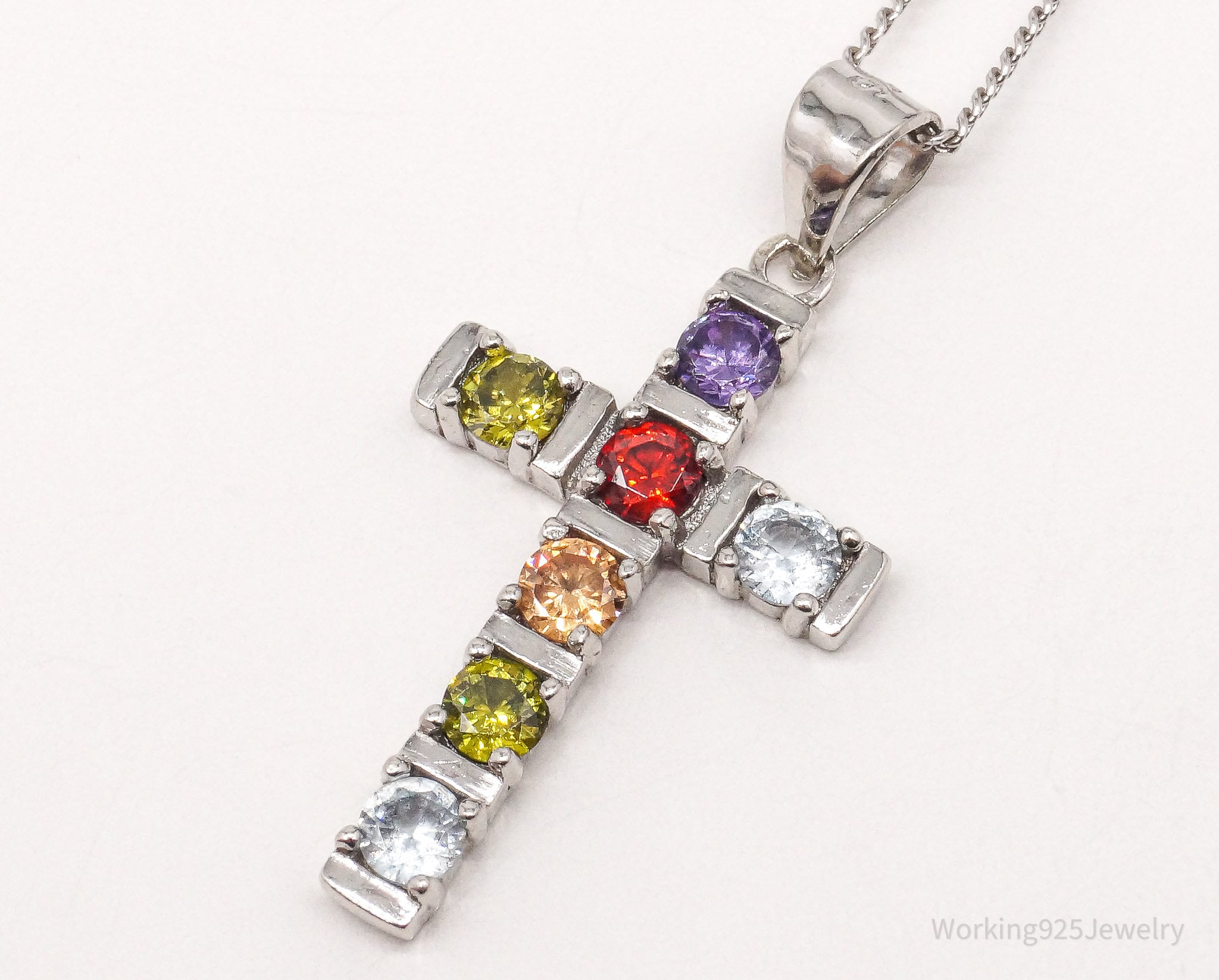 Vintage Multi Gemstone Cross Sterling Silver Necklace 18"