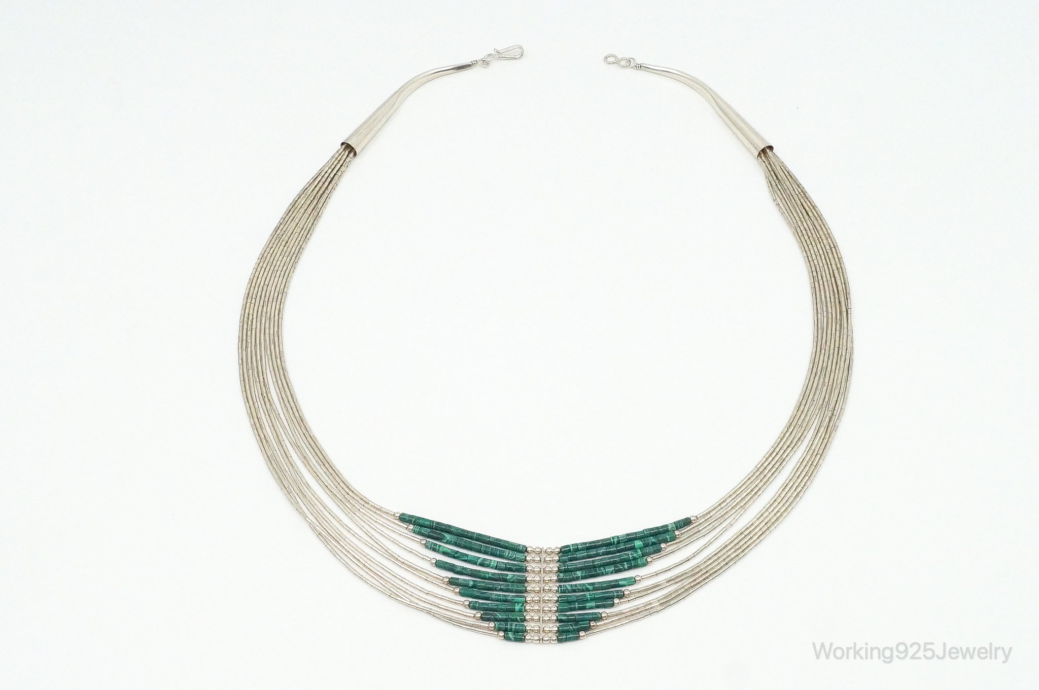 Vintage Native American Malachite Sterling Silver Bead Necklace