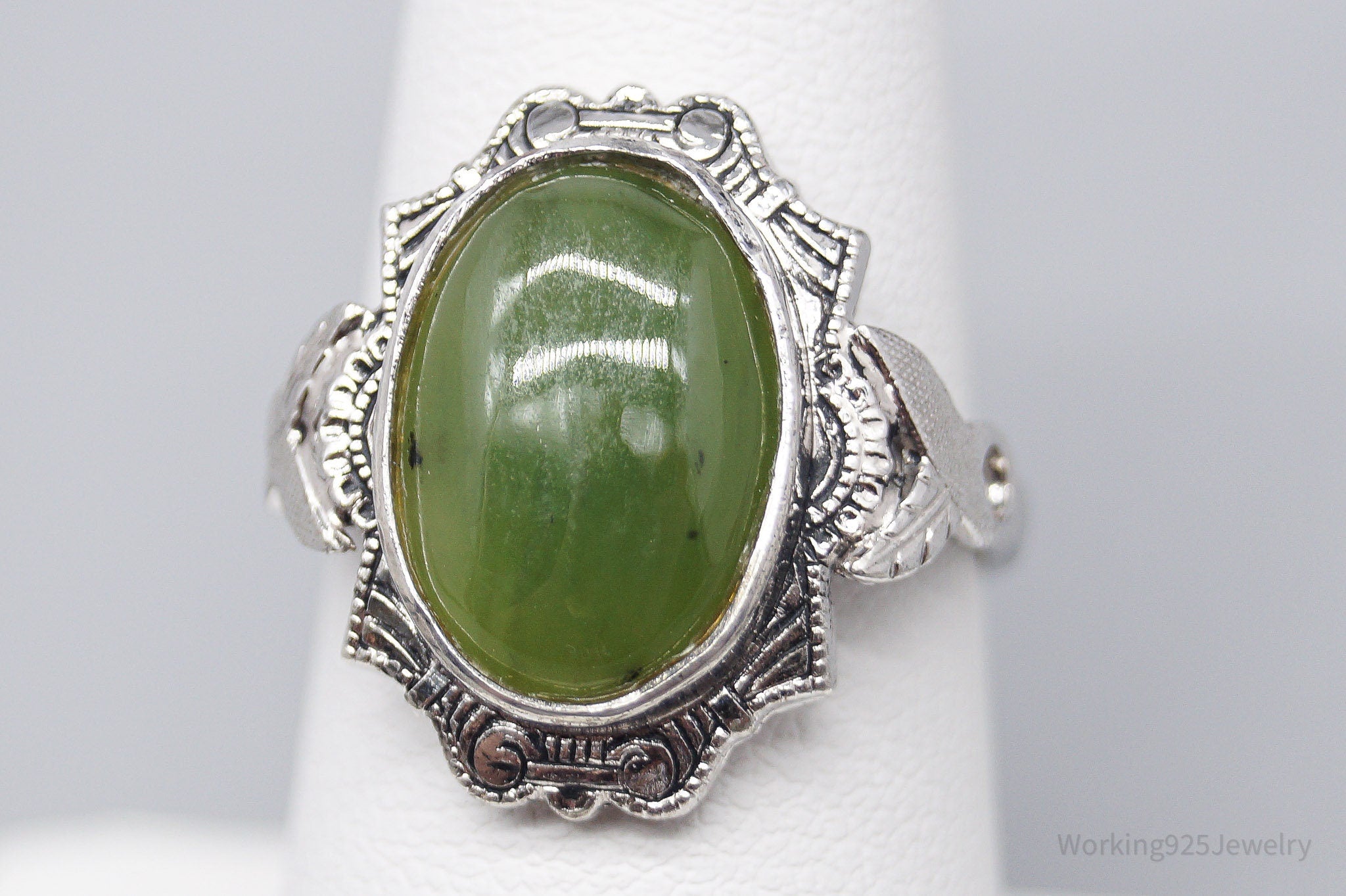 Antique Designer Clark & Coombs Nephrite Jade Sterling Silver Ring - Size 7.5