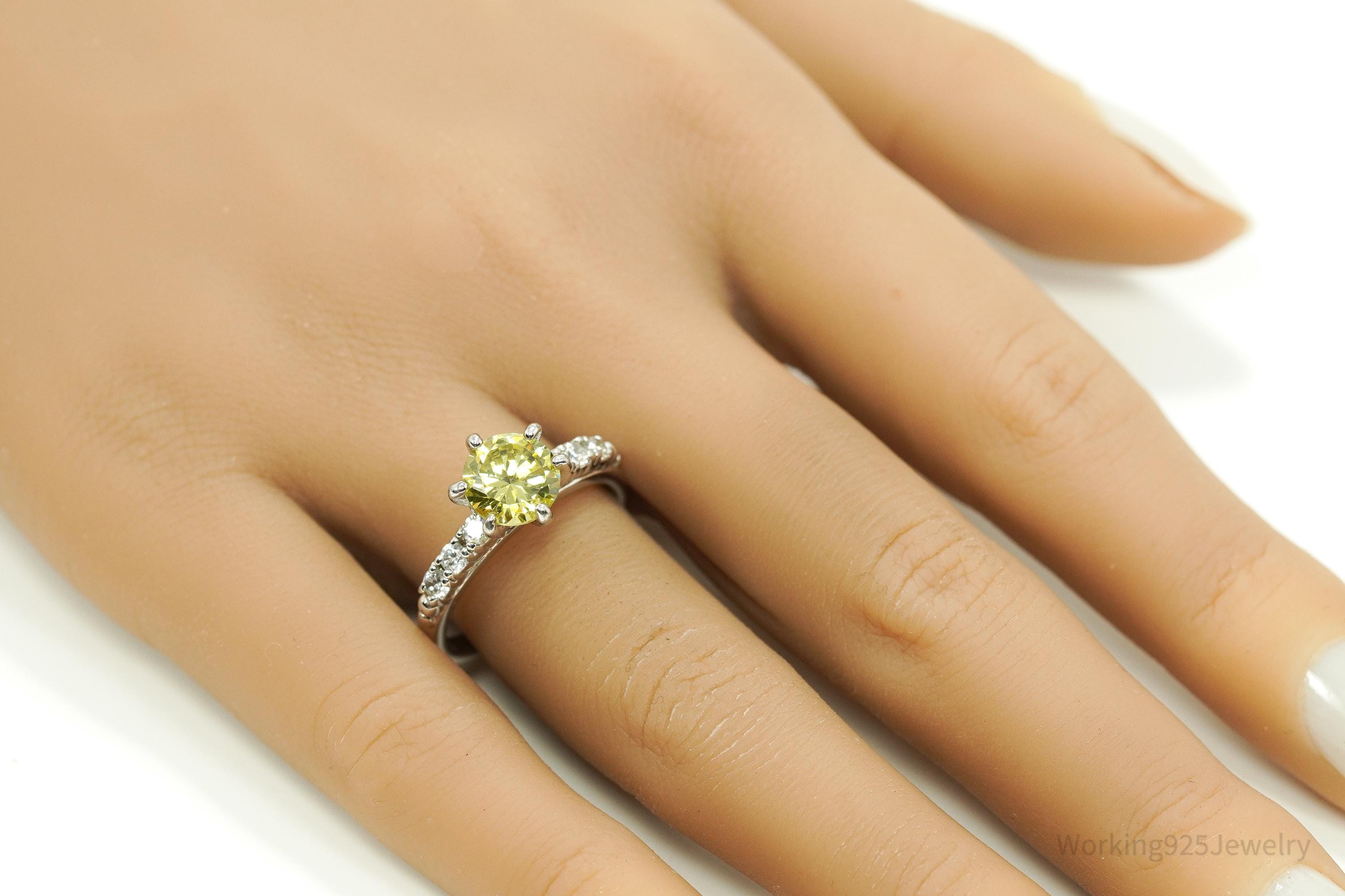 Vintage Yellow & White Cubic Zirconia Silver Ring - Size 9
