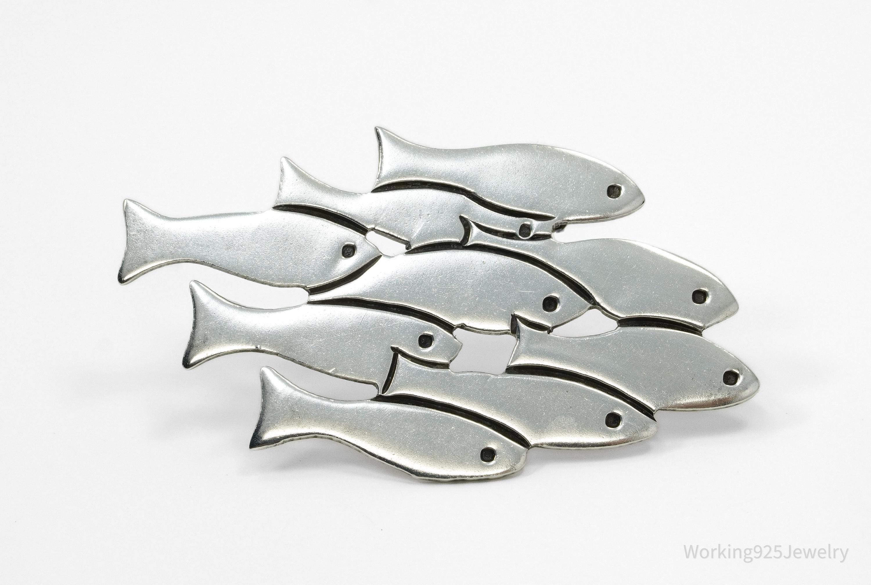 Large Vintage Mexico School Of Fish Sterling Silver Brooch Pin