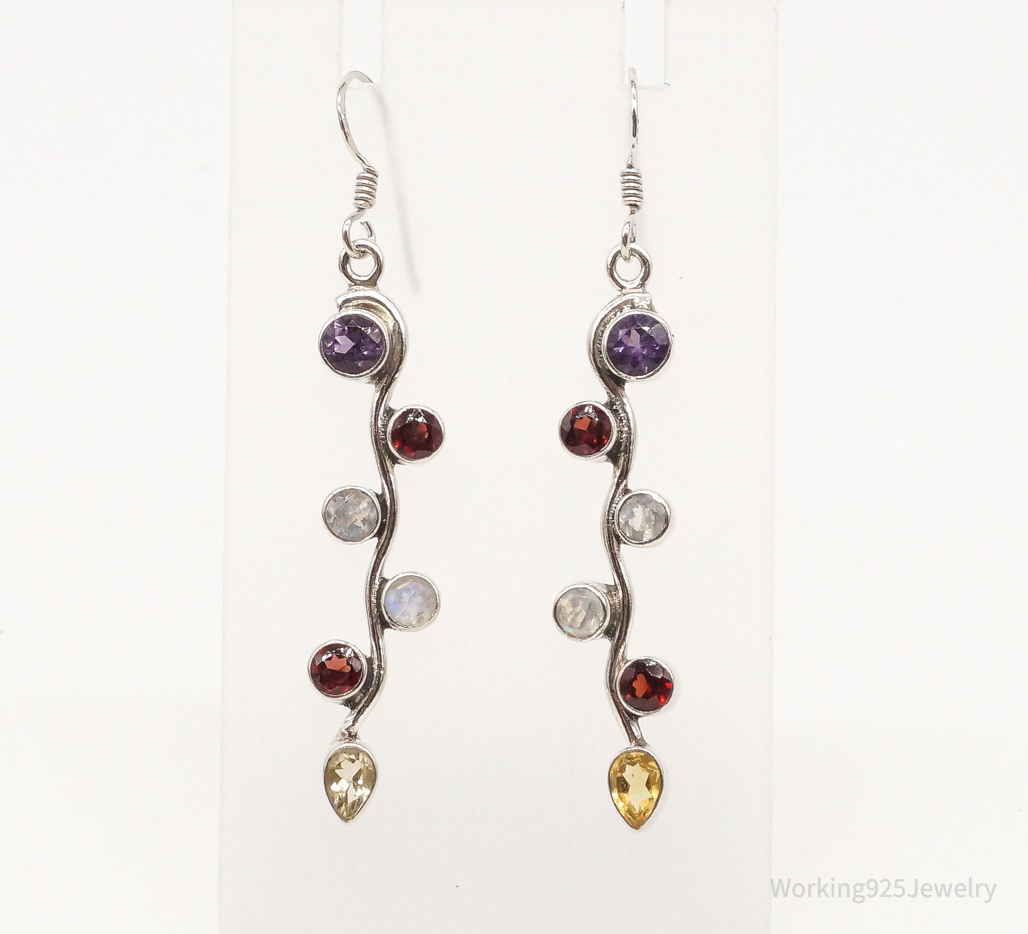 Vintage Multi Gemstones Sterling Silver Dangle Earrings