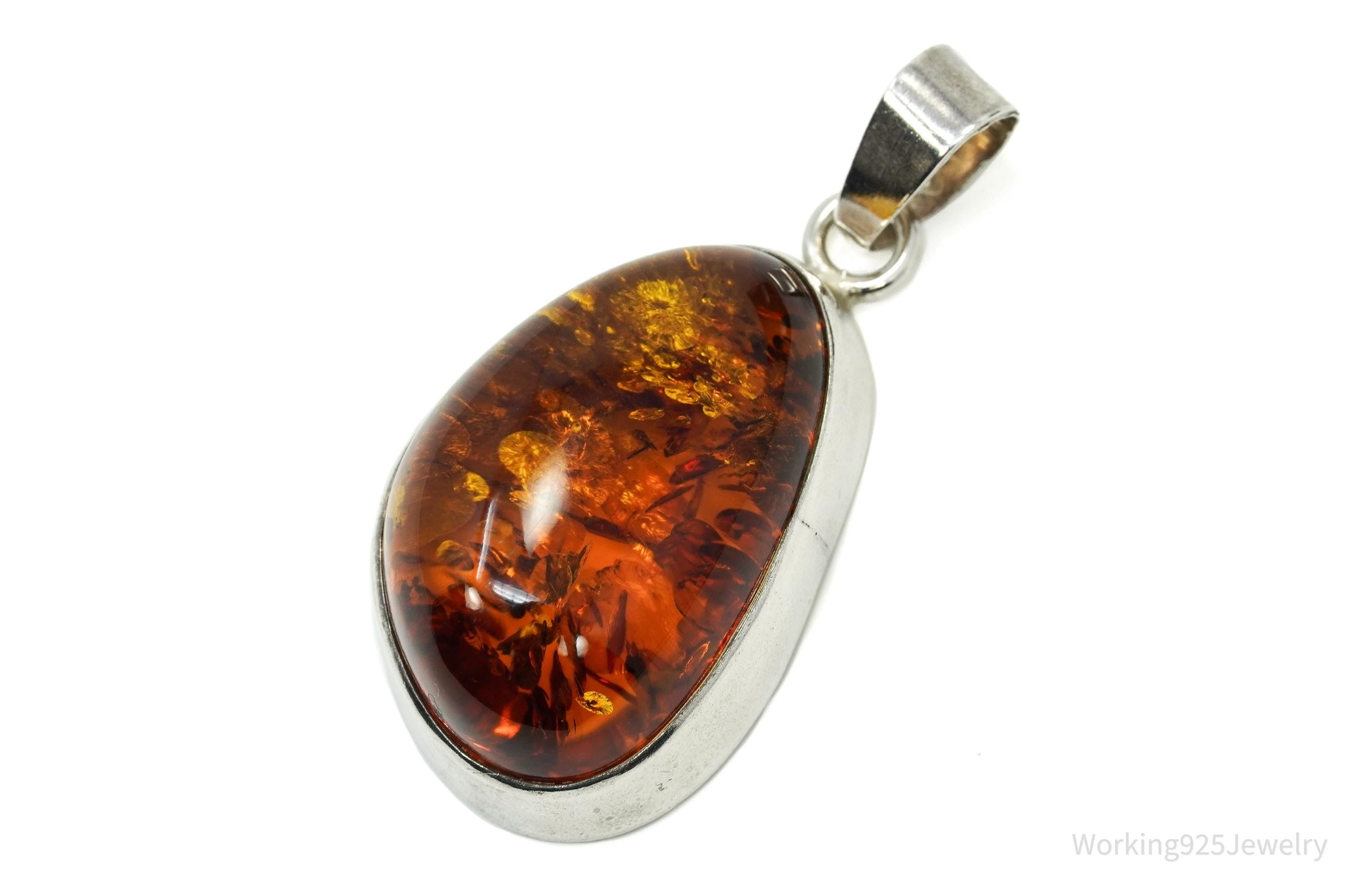 Large Vintage Modernist Amber Sterling Silver Pendant