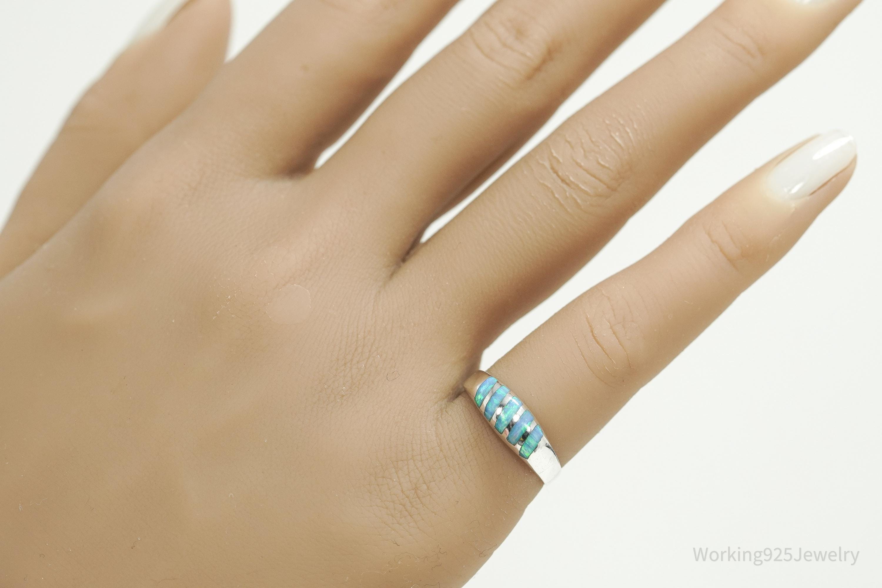 Vintage Blue Opal Inlay 950 Silver Ring - Size 6.5