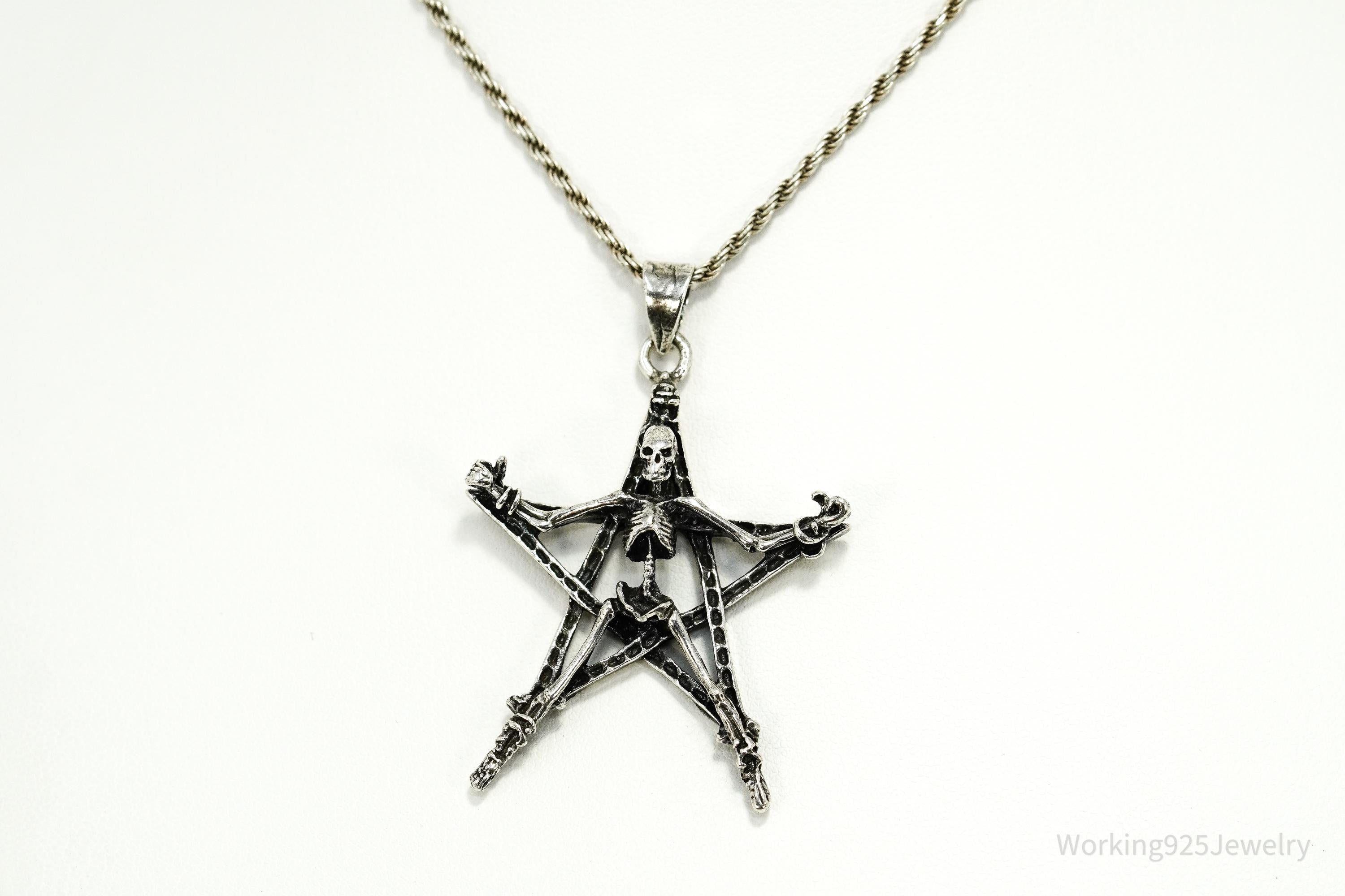 Vintage Skeleton Pentagram Sterling Silver Necklace 20"