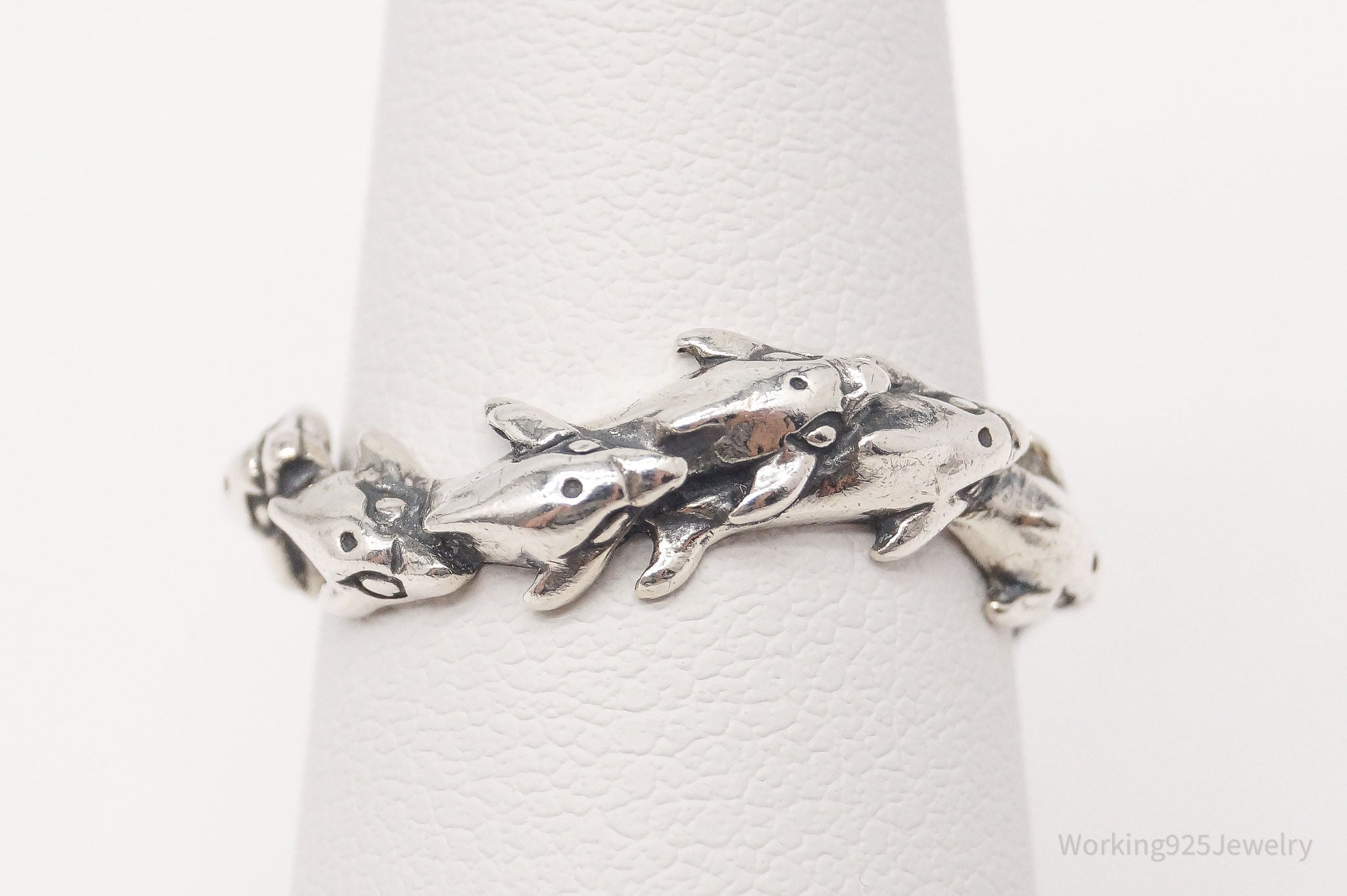 Vintage Designer Kabana Swimming Dolphins Sterling Silver Ring - Size 6.25