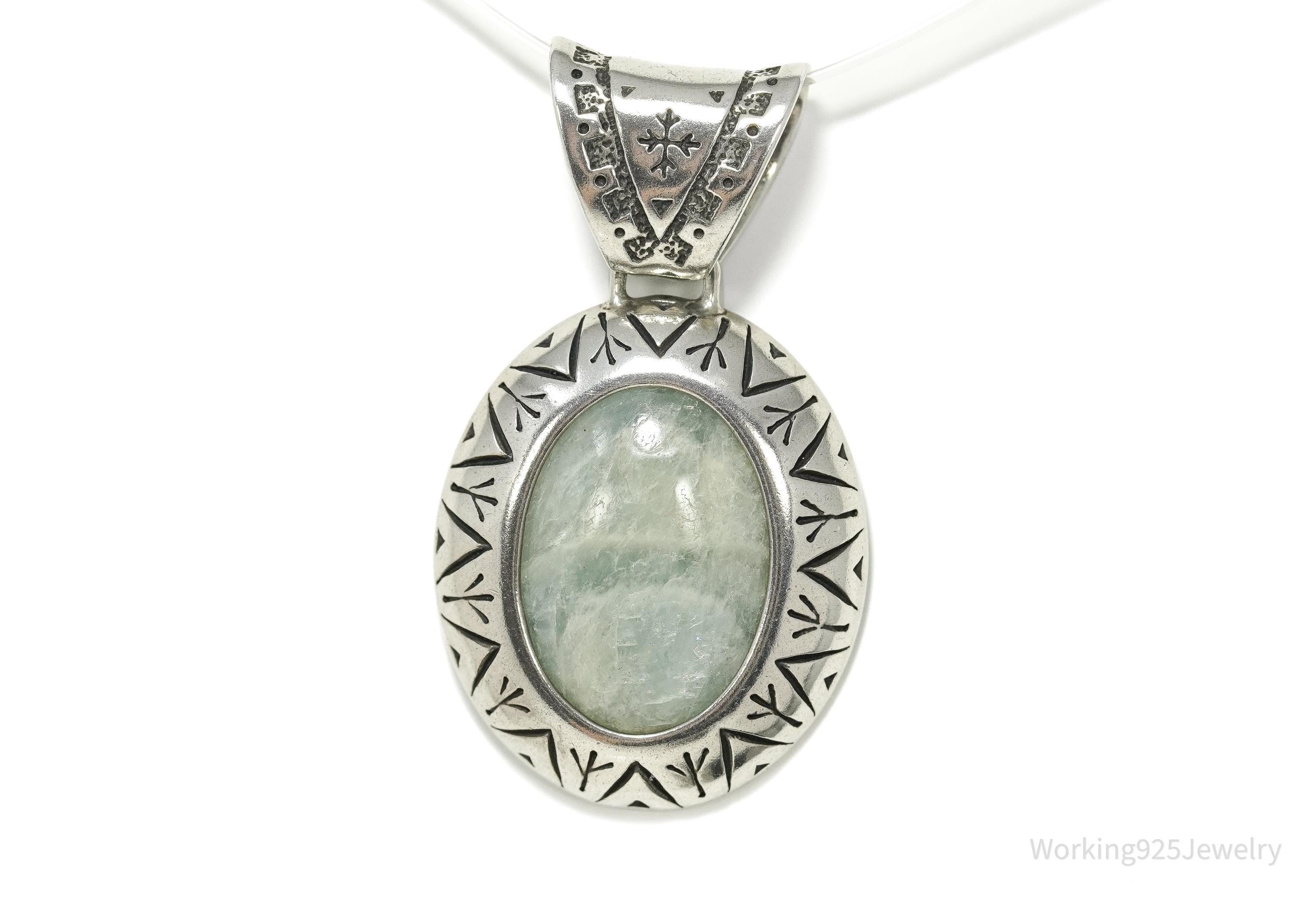 Large Vintage Carolyn Pollack Relios Milky Aquamarine Sterling Silver Pendant 2"